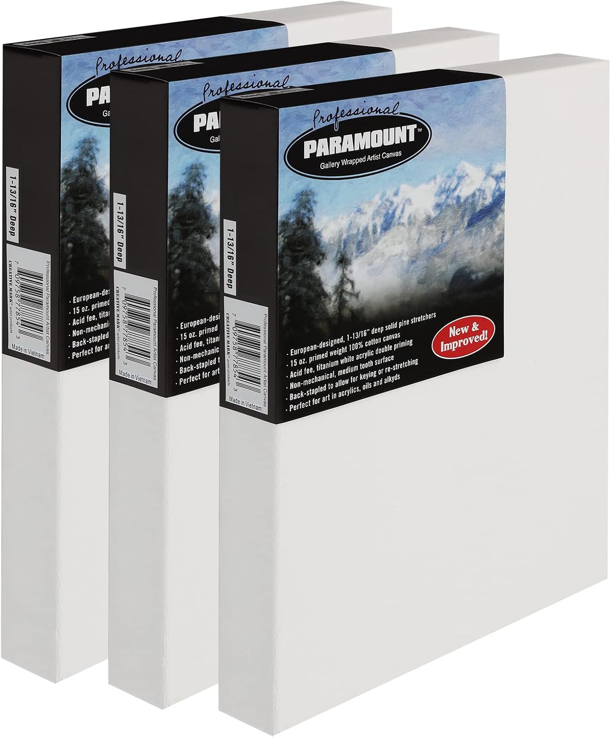 Paramount Professional Gallery Wrapped Canvases for Painting, 20x30 Pack of 3 Heavy-Duty Stretched Canvas, Unbleached 100% Cotton, 1-13/16 Deep, Acid-Free, Triple-Primed, Medium-Tooth Surface