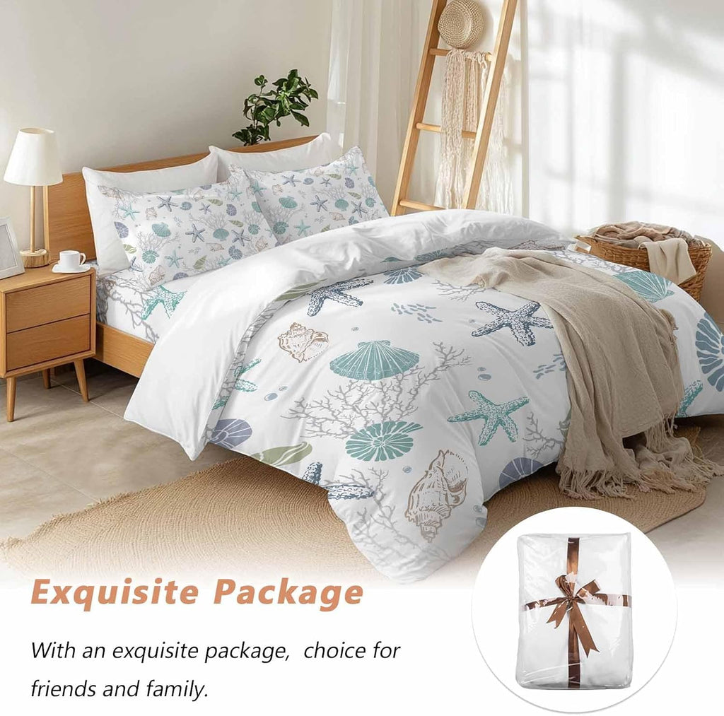 Prime Leader Summer Beach Duvet Cover Set Queen Size 4 Pieces Nautical Starfish Coral Shell Teal Ocean Bedding Set with Zipper Closure, 1 Comforter Cover 92x106 Inches 1 Flat Sheet & 2 Pillow Cases