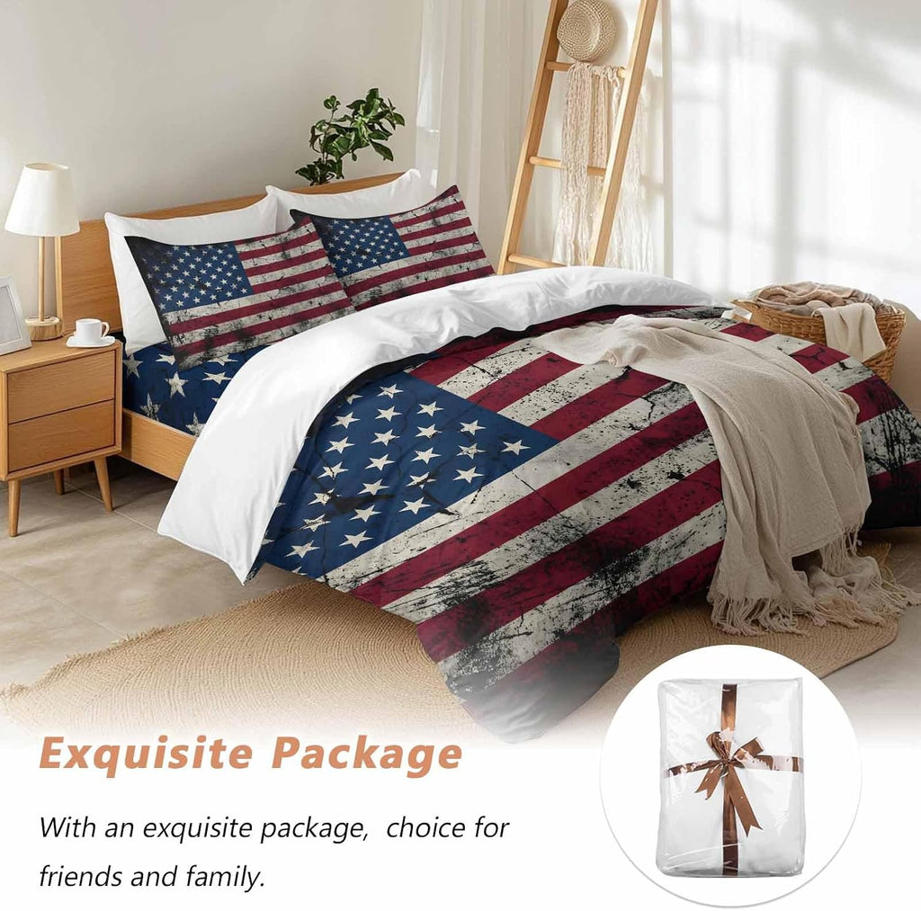 Prime Leader Independence Day Duvet Cover Set Queen Size 4 Pieces Mottled U. S. Flag Shabby Chic Vintage Bedding Set with Zipper Closure, 1 Comforter Cover 92x106 Inches 1 Flat Sheet & 2 Pillow Cases