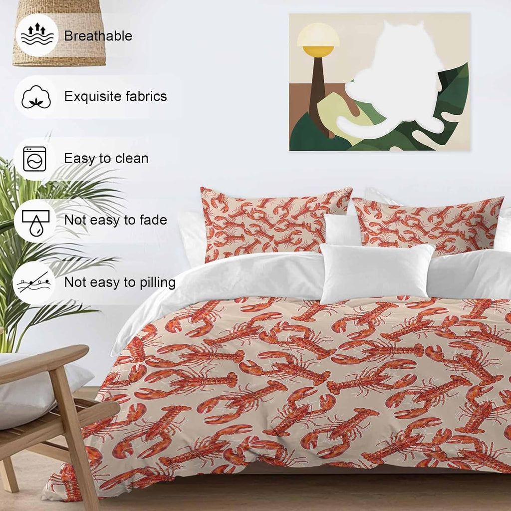 Red Lobster Duvet Cover Set Queen Size 4 Pieces Summer Crawfish Ocean Animal Minimalist Art Retro Bedding Set with Zipper Closure, 1 Comforter Cover 92x106 Inches 1 Flat Sheet & 2 Pillow Cases