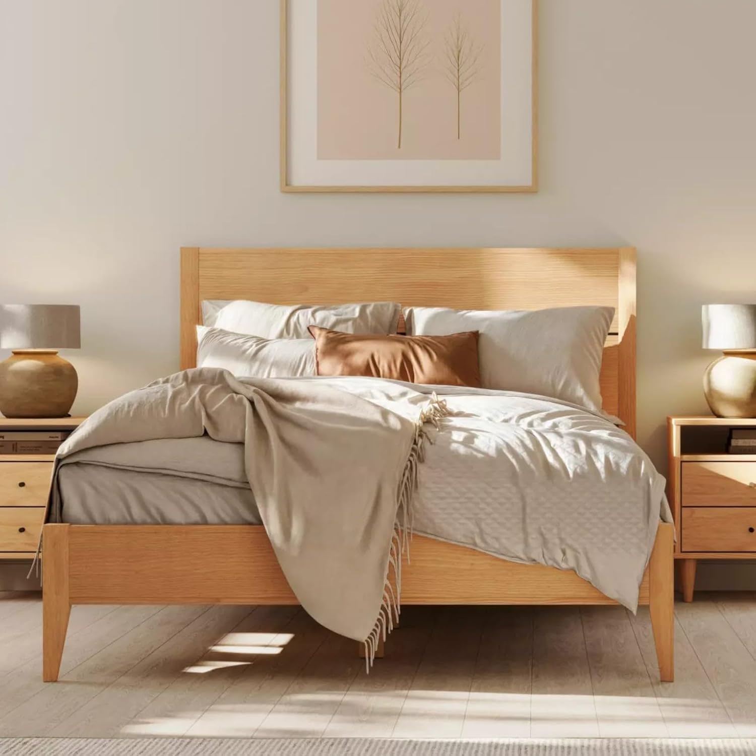 Grain Wood Furniture Mid Century Solid Wood Platform Bed, Queen Size, Brushed Natural