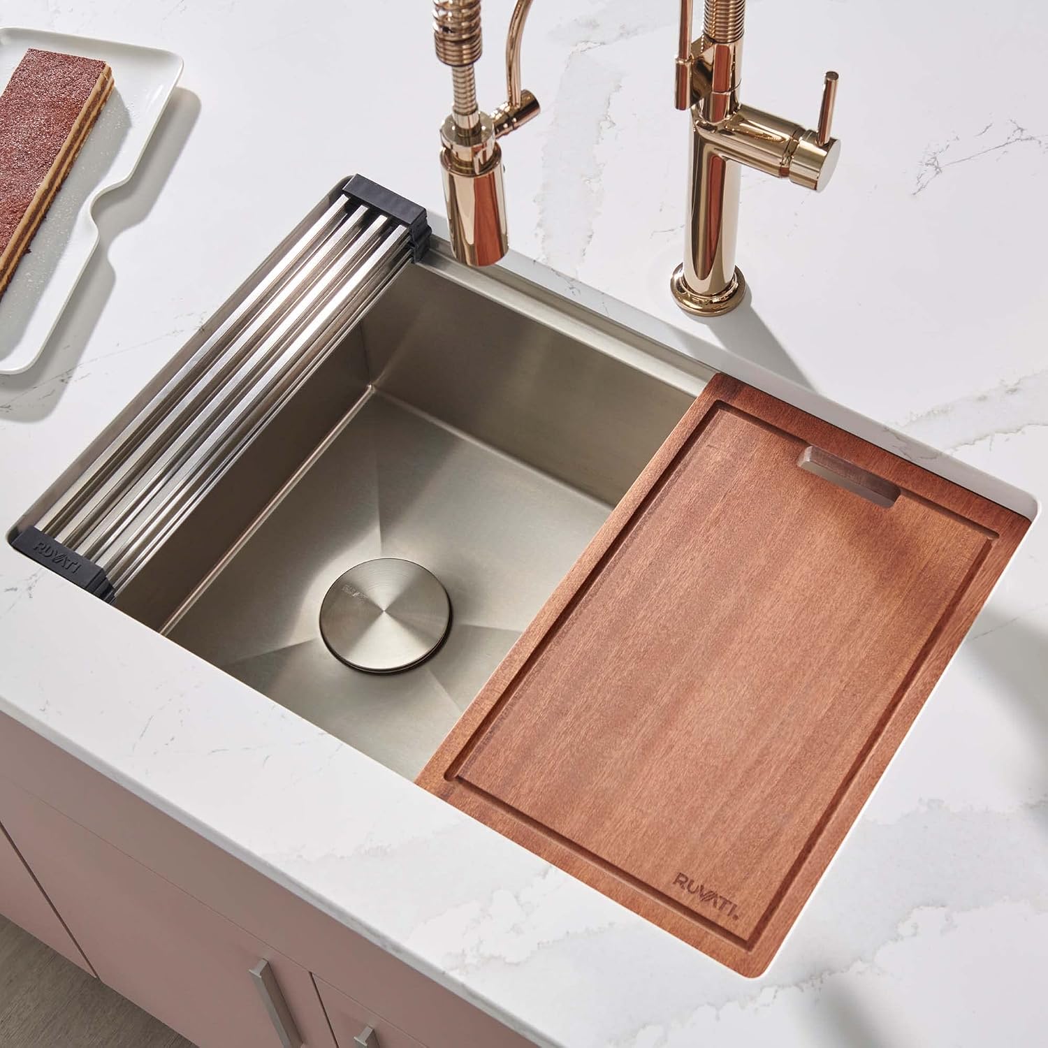 Ruvati 27-inch Workstation Kitchen Sink - Slope Bottom Offset Drain 16 Gauge Stainless Steel Undermount Kitchen Sink with Brushed Finish hides scratches, Easy-to-Clean - RVH8570