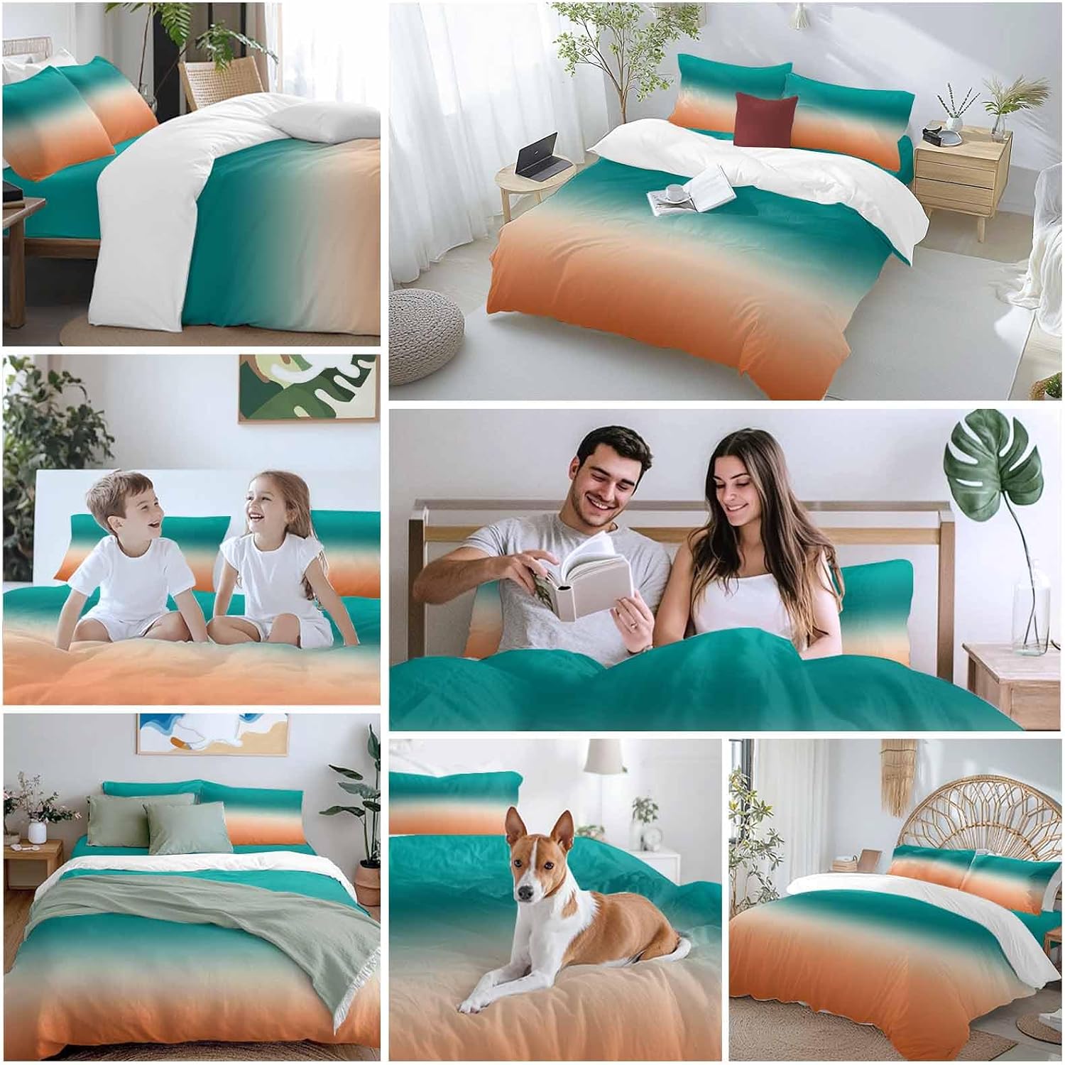 Gradient Green Duvet Cover Set Queen Size 4 Pieces Modern Minimalist Green Orange Ocean Beach Bedding Set with Zipper Closure, 1 Comforter Cover 86x86 Inches 1 Flat Sheet & 2 Pillow Cases