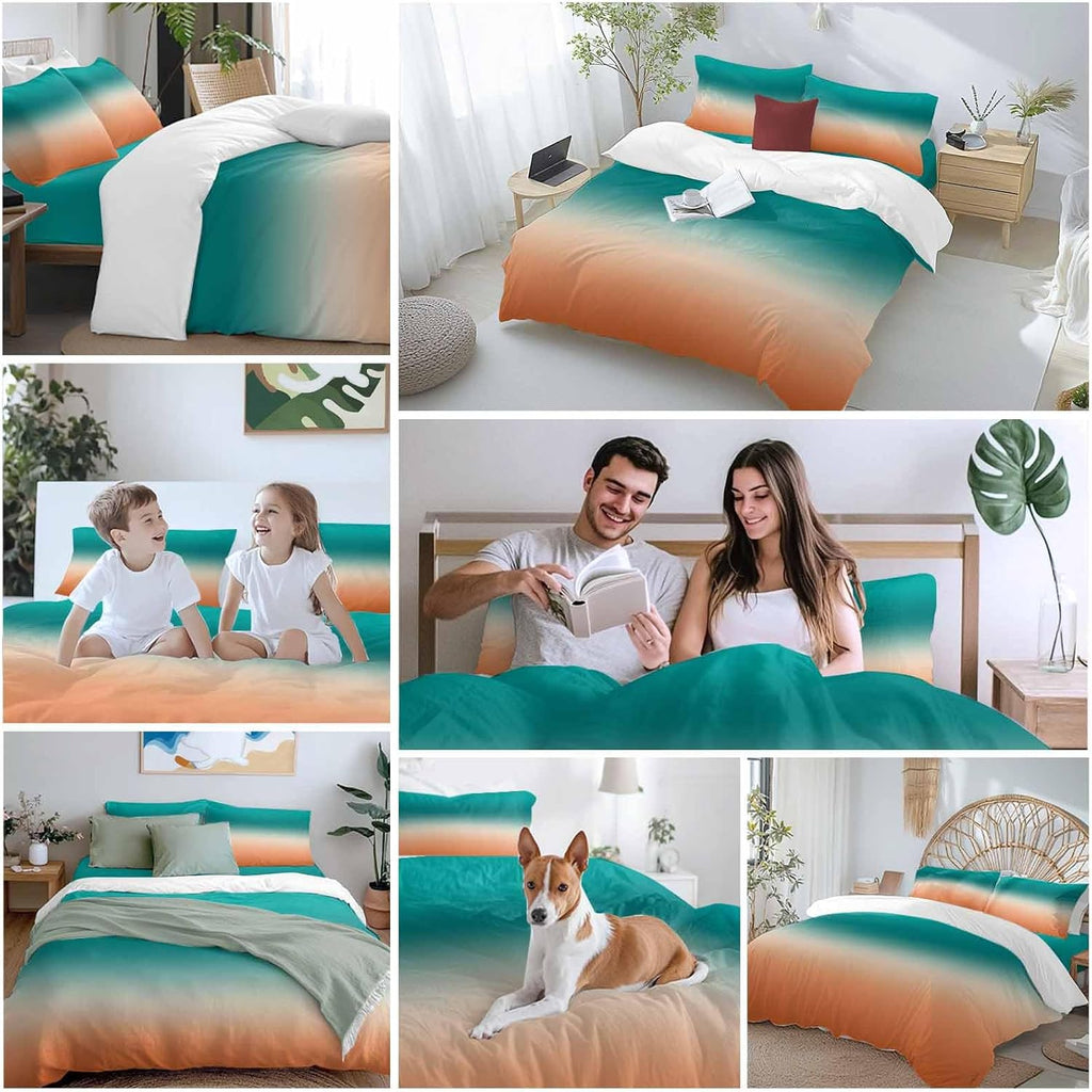 Gradient Green Duvet Cover Set Queen Size 4 Pieces Modern Minimalist Green Orange Ocean Beach Bedding Set with Zipper Closure, 1 Comforter Cover 92x106 Inches 1 Flat Sheet & 2 Pillow Cases