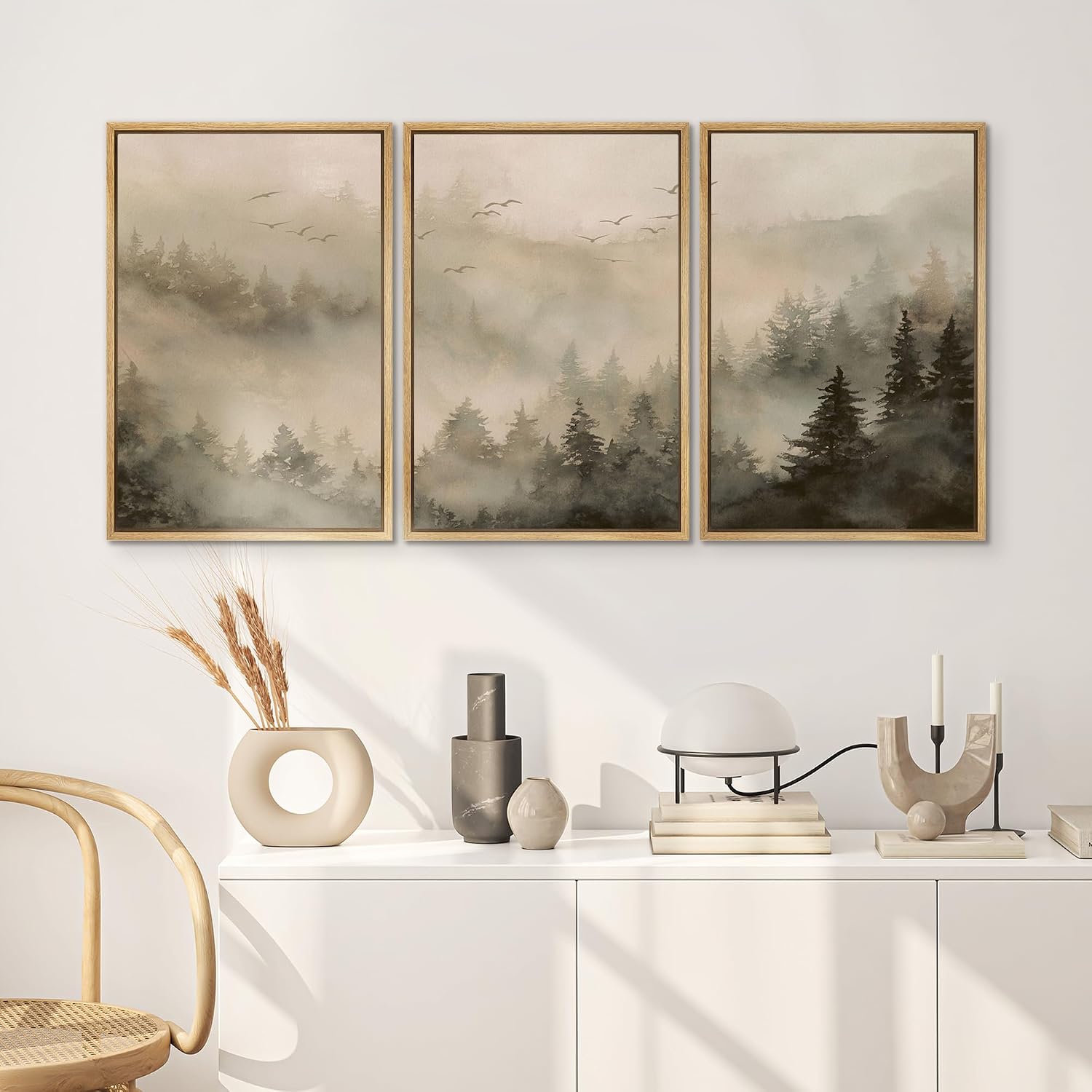 SIGNWIN Framed Canvas Print Wall Art Set Misty Pine Forest Landscape Neutral Woodland Illustrations Modern Scenic Colorful Ultra for Living Room, Bedroom, Office - 24'x36'x3 Natural