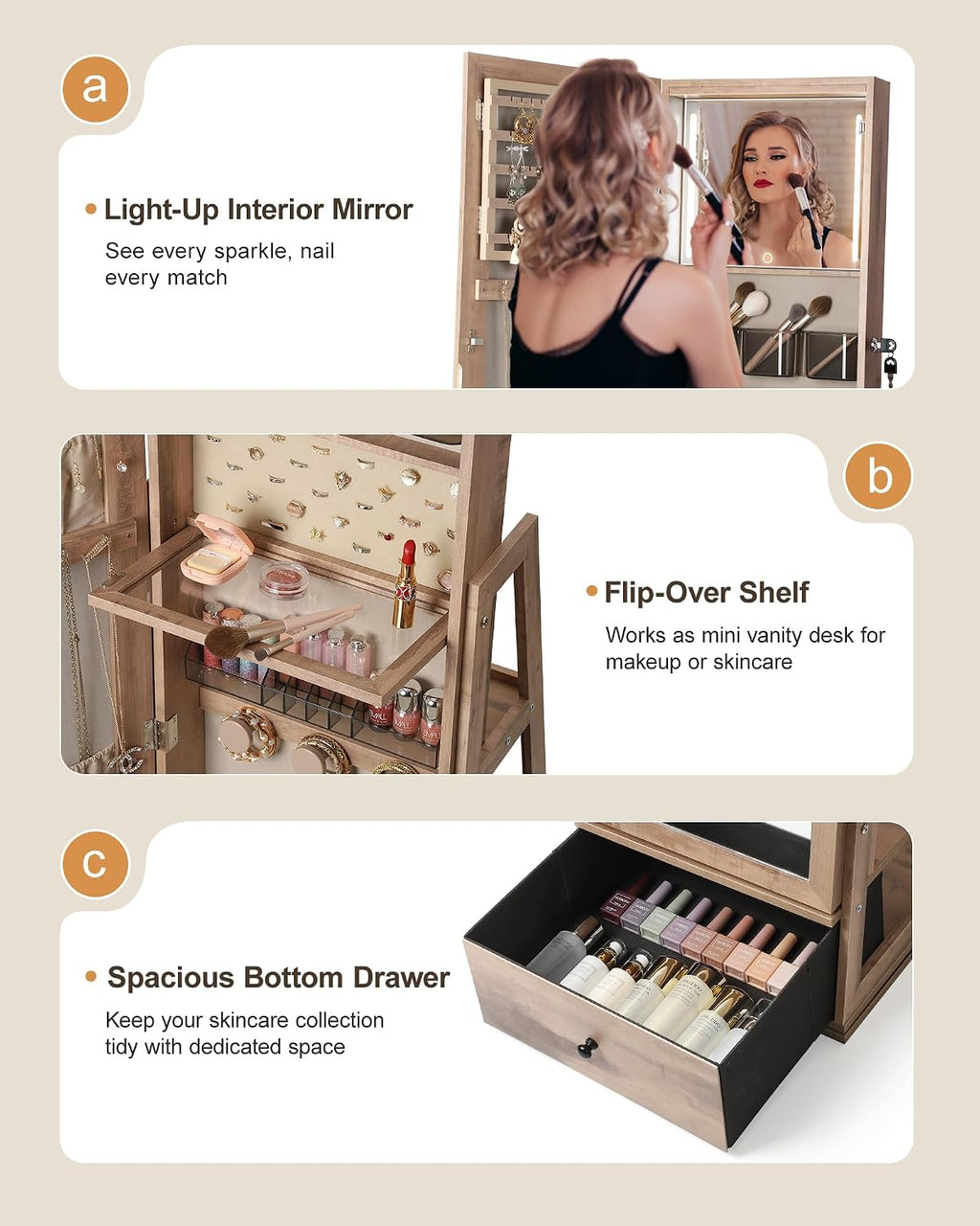 Nicetree 360° Swivel Jewelry Cabinet with Lights, Touch Screen Vanity Mirror, Rotatable Full Length Mirror with Jewelry Storage, Standing Jewelry Armoire Organizer, Foldable Makeup Shelf, Toasted Oak