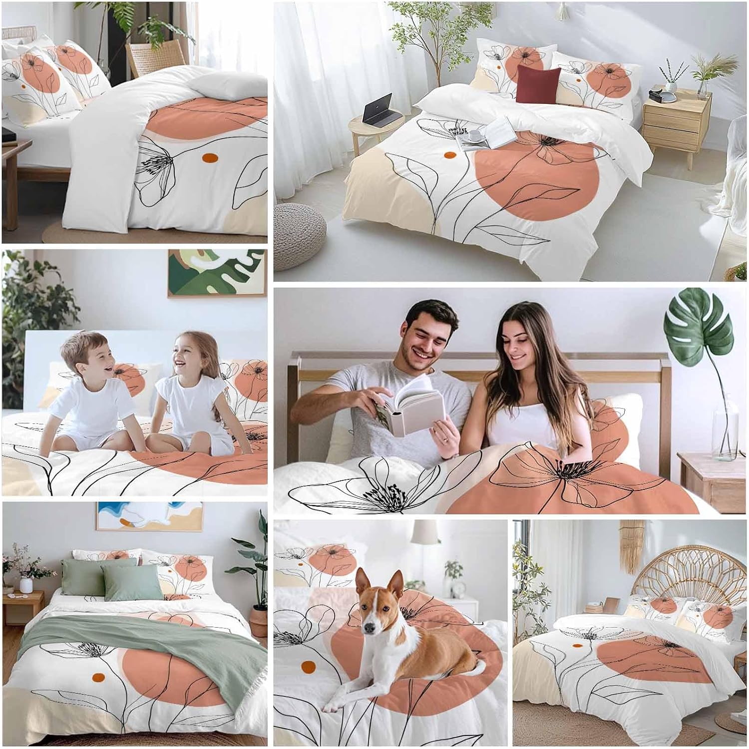 Prime Leader Floral Line Duvet Cover Set Queen Size 4 Pieces Minimalist Flower Modern Bedding Set with Zipper Closure, 1 Comforter Cover 86x86 Inches 1 Flat Sheet & 2 Pillow Cases