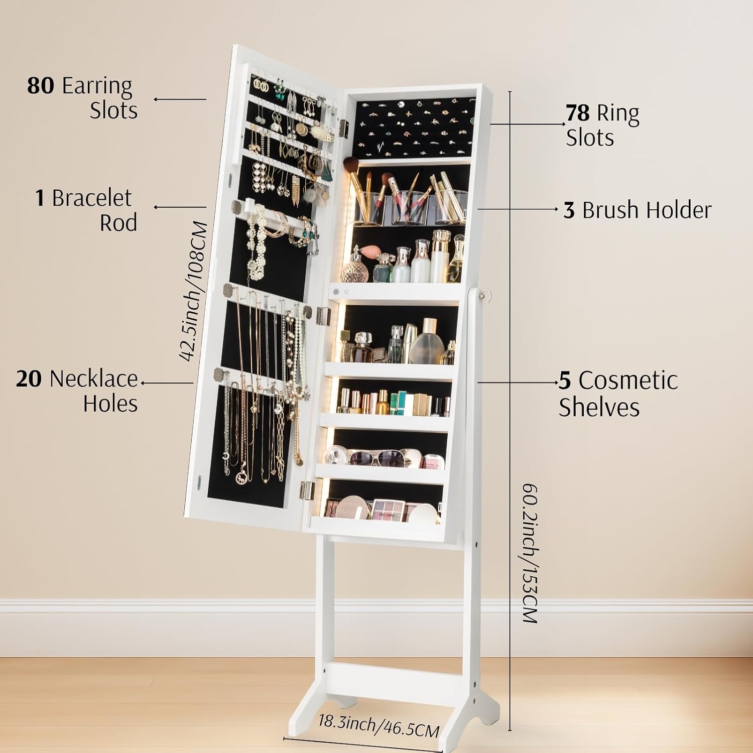 BTEXPERT Large Storage Jewelry Mirror Organizer with Frameless Free Standing Jewelry Cabinet White