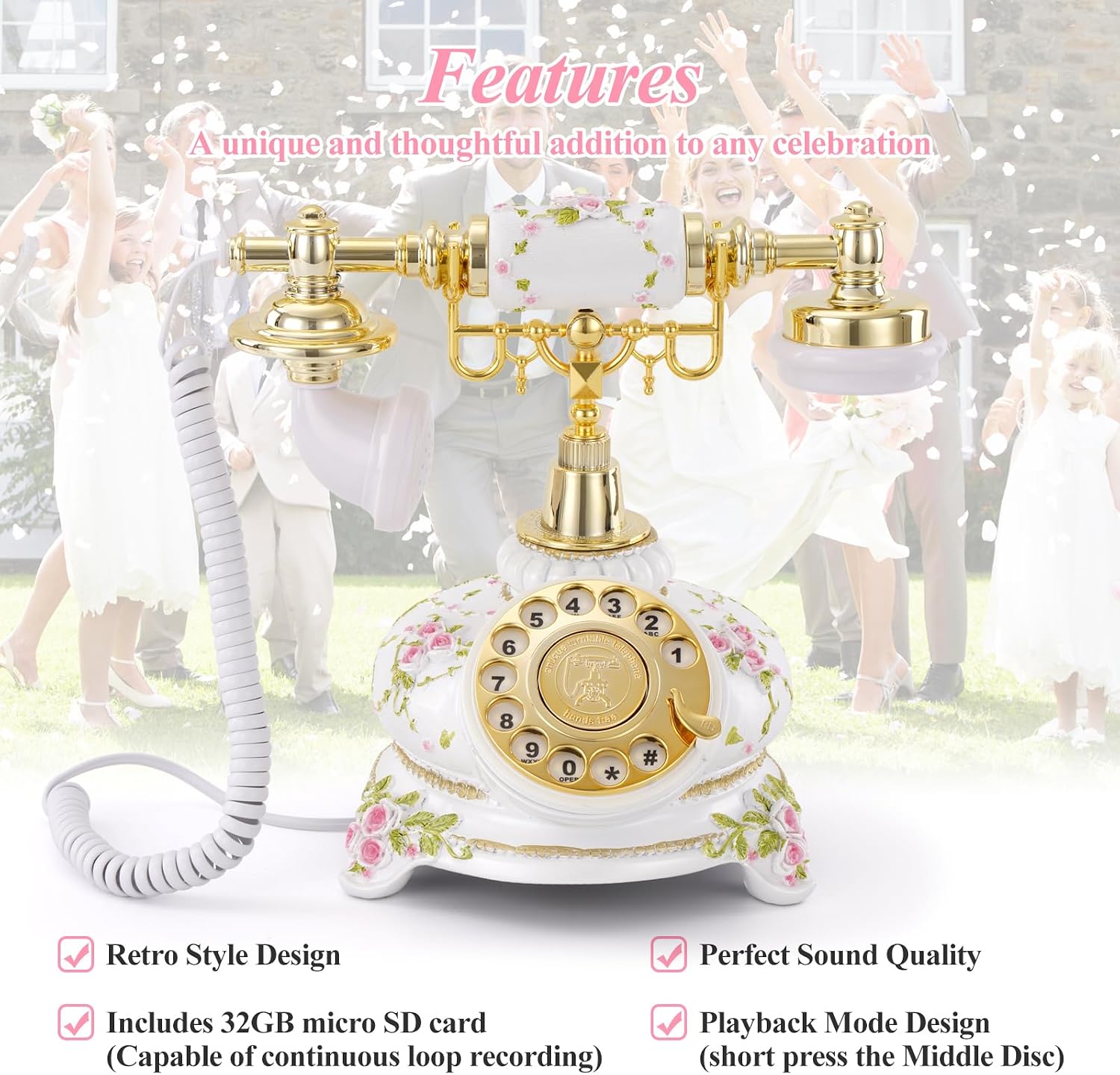 Audio Guest Book Phone, 32G Capacity Vintage Audio GuestBook Wedding Phone, Retro Audio Telephone Recording Customized Voice Message for Your Wedding Party, Retro Flower