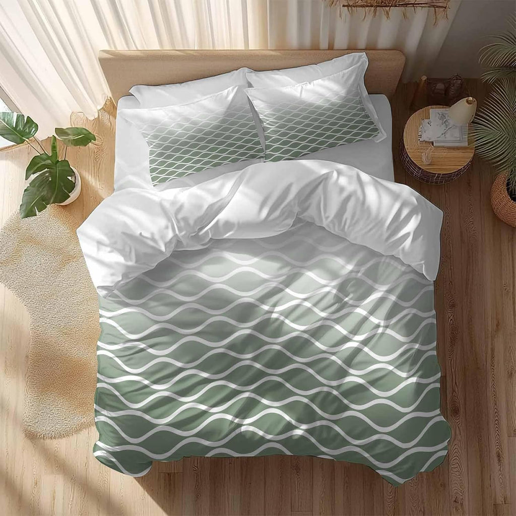 Green Ombre Morocco Duvet Cover Set Queen Size 4 Pieces Modern Geometric Wave Lines Abstract Bedding Set with Zipper Closure, 1 Comforter Cover 92x106 Inches 1 Flat Sheet & 2 Pillow Cases