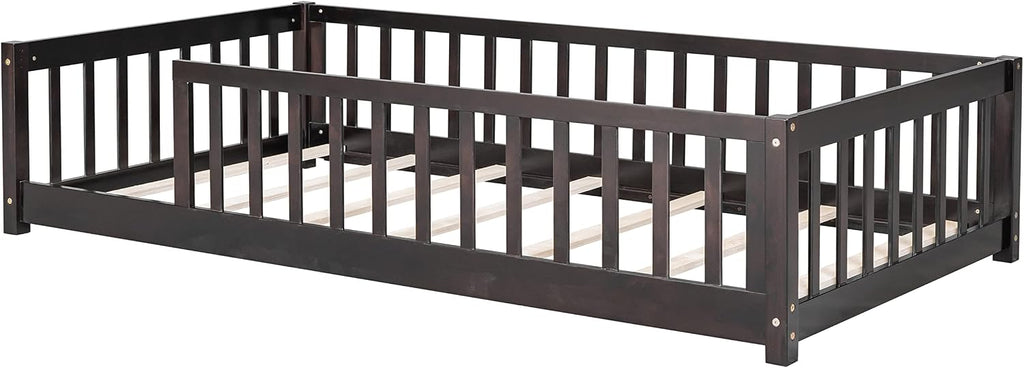 Twin Size Kids Montessori Floor Bed,Twin Floor Bed Frame with Slats,Solid Wood Twin Bed Frame for Girls Boys,White