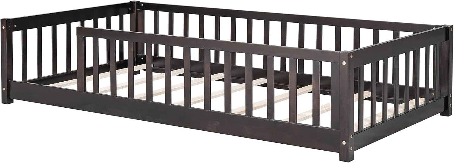 Twin Size Kids Montessori Floor Bed,Twin Floor Bed Frame with Slats,Solid Wood Twin Bed Frame for Girls Boys,White