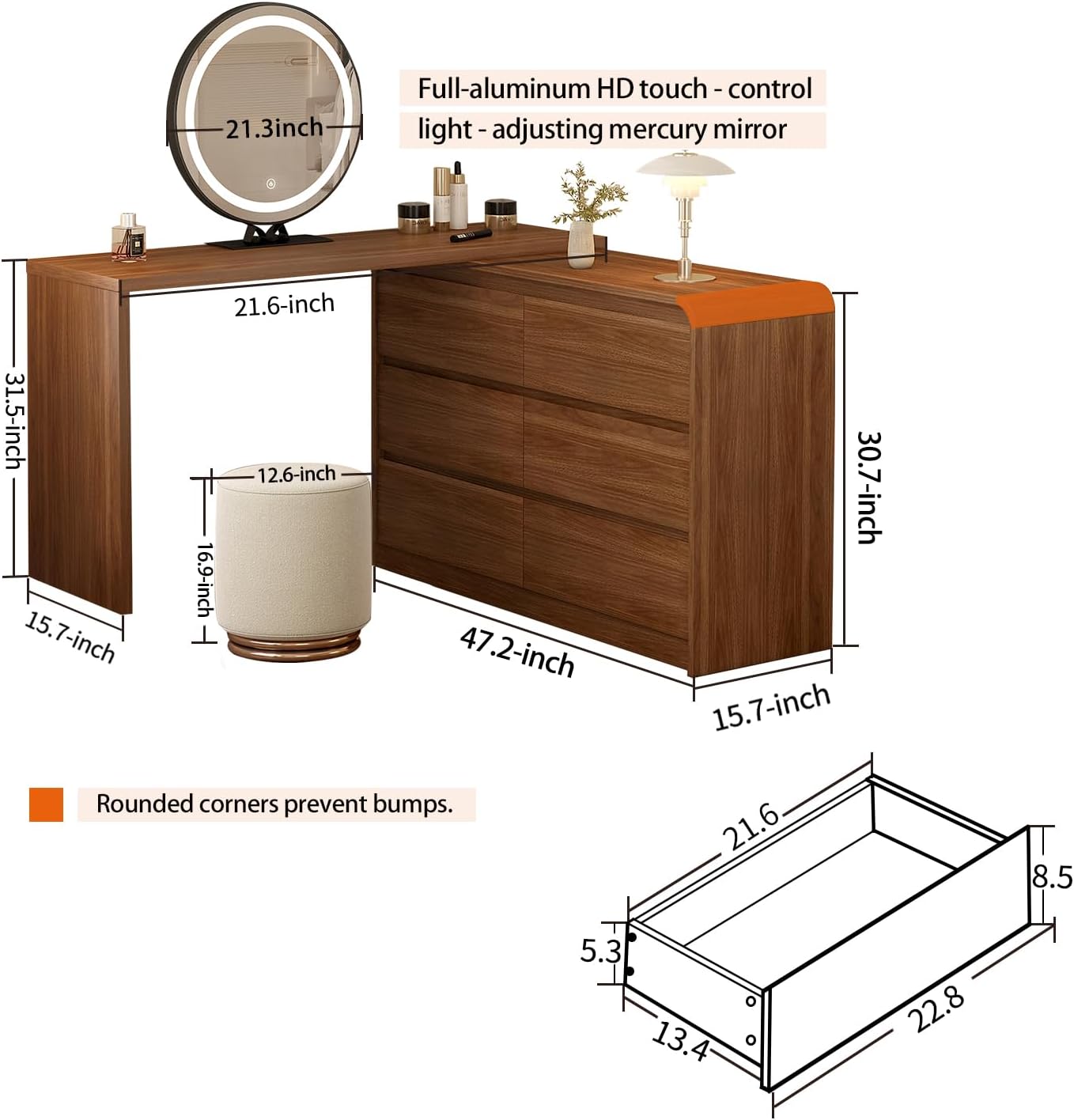 Messenya Makeup Vanity Desk with Full Aluminum HD Lighted Mirror, 50-90in Extendable Modern Vanity Table Set with Chair, 6-Drawer Storage Cabinet with Rounded Corners, Bedroom Dressing Table, Brown