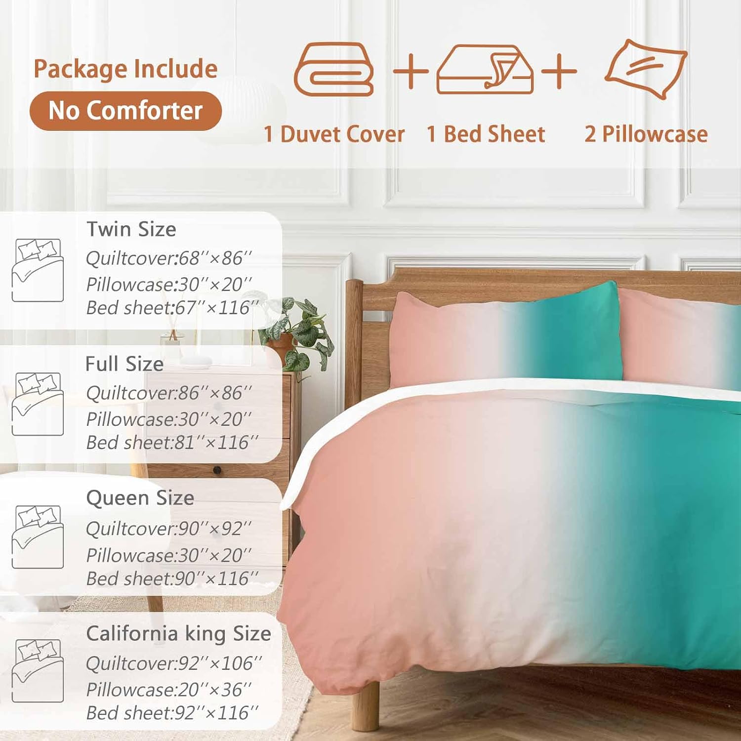 Gradient Pink Green Duvet Cover Set Queen Size 4 Pieces Modern Abstract Minimalist Orange Brown Ocean Beach Bedding Set with Zipper Closure,1 Comforter Cover 86x86 Inches 1 Flat Sheet & 2 Pillow Cases