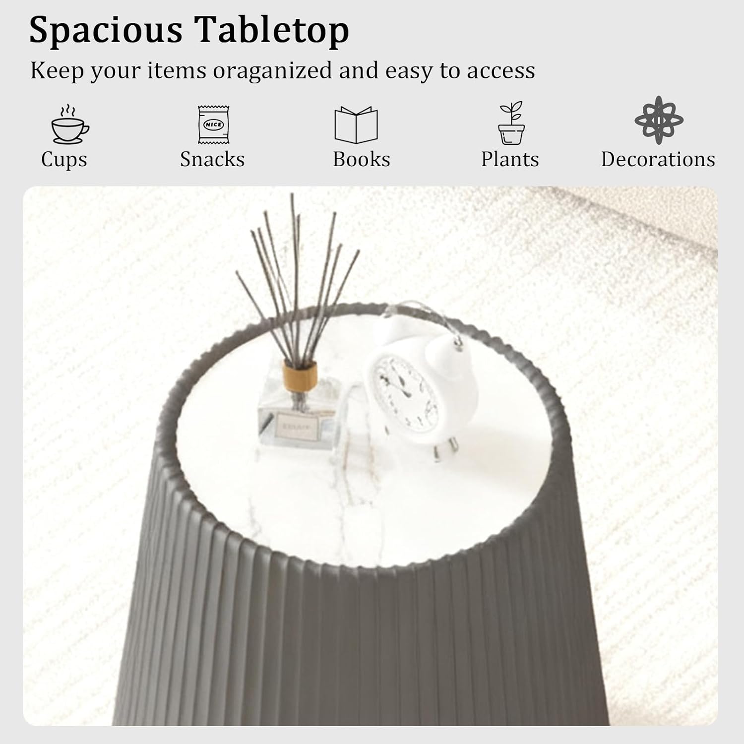 19.68' Grey Round Coffee Table, Drum Coffee Table with Sintered Stone Tabletop and Fluted PU Leather Covered and Stable Base, Circle Cocktail Tea Table for Living Room