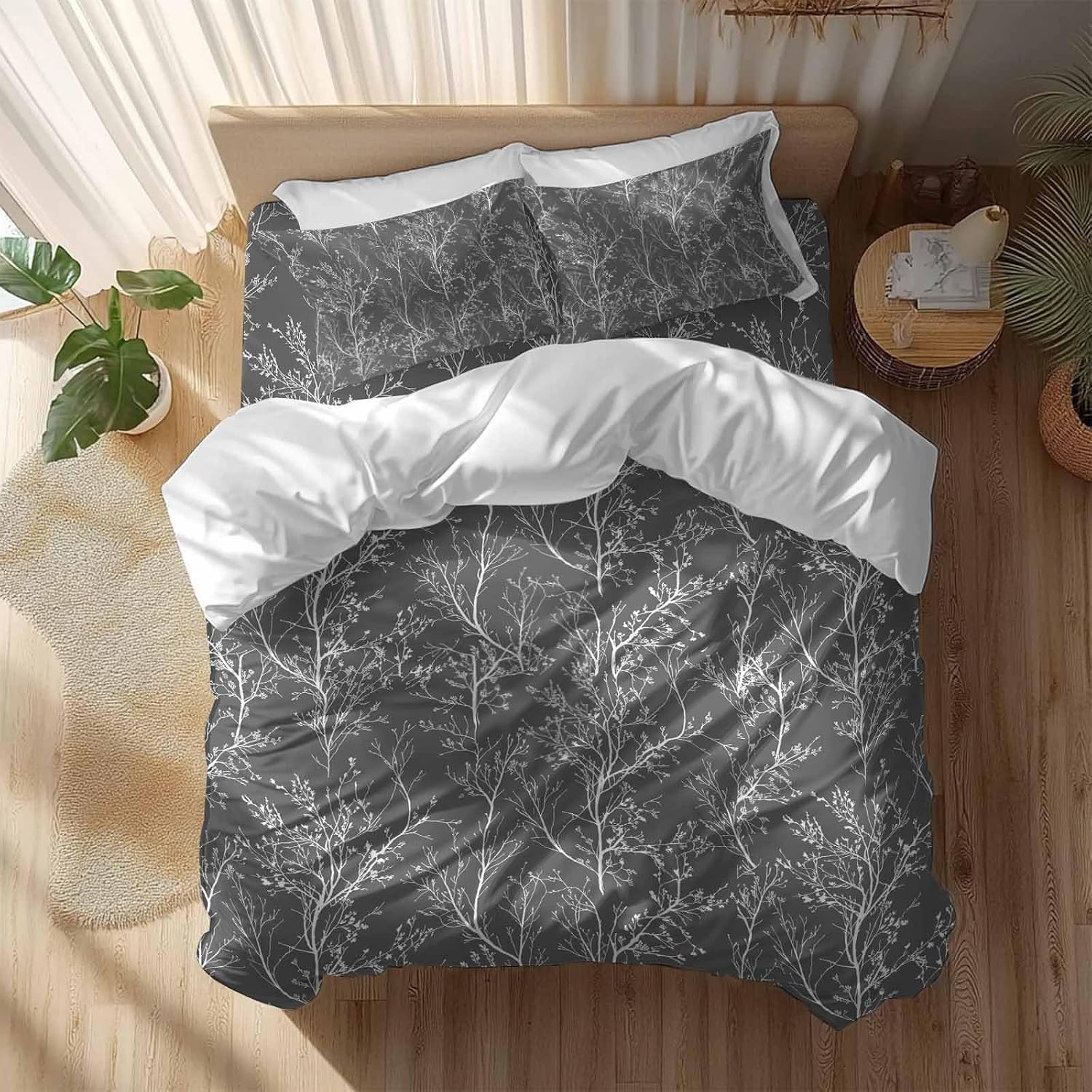 Dark Grey Duvet Cover Set Queen Size 4 Pieces White Tree Branch Botanical Abstract Plant Leaves Bedding Set with Zipper Closure, 1 Comforter Cover 92x106 Inches 1 Flat Sheet & 2 Pillow Cases