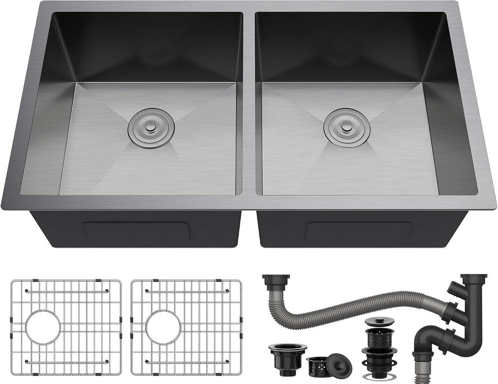 YITAHOME Black Kitchen Sink 33in Undermount 50/50 Double Bowl 16 Gauge Stainless Steel Nano Gunmetal Black Bar Sink with Accessories for Workstation, Prep Kitchen, 33 x 19 x 10in