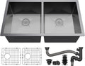 YITAHOME Black Kitchen Sink 33in Undermount 50/50 Double Bowl 16 Gauge Stainless Steel Nano Gunmetal Black Bar Sink with Accessories for Workstation, Prep Kitchen, 33 x 19 x 10in