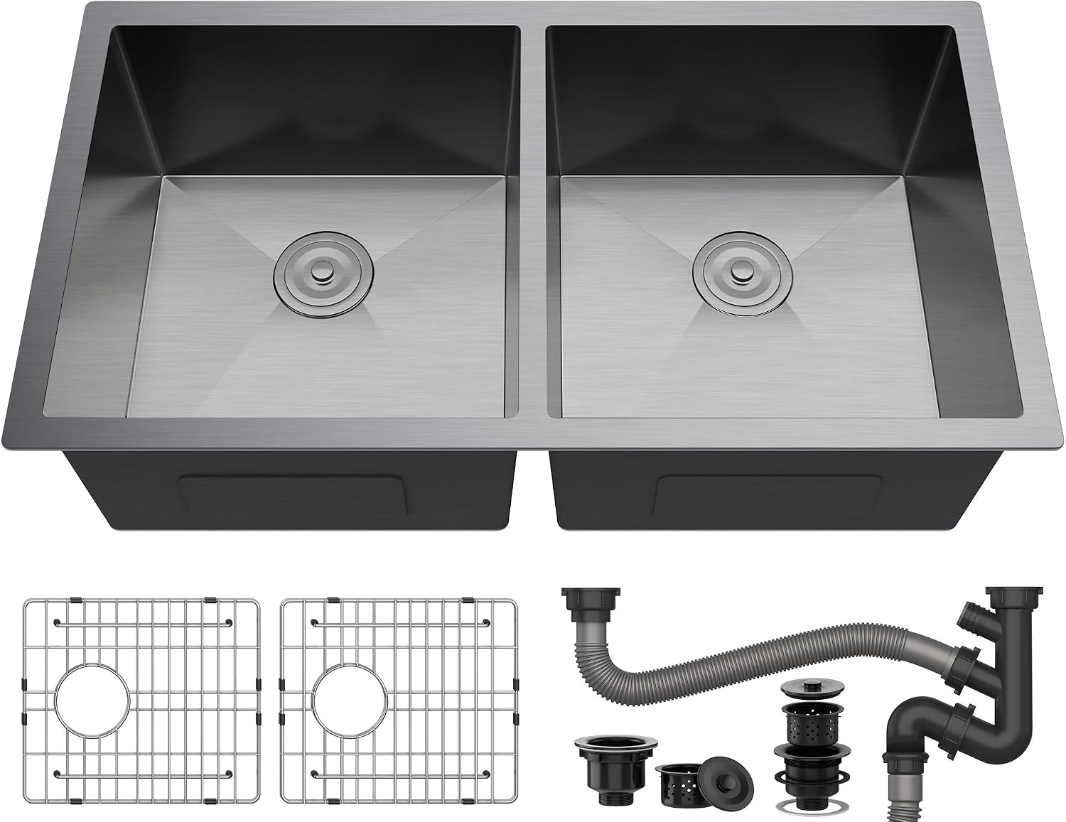 YITAHOME Black Kitchen Sink 33in Undermount 50/50 Double Bowl 16 Gauge Stainless Steel Nano Gunmetal Black Bar Sink with Accessories for Workstation, Prep Kitchen, 33 x 19 x 10in