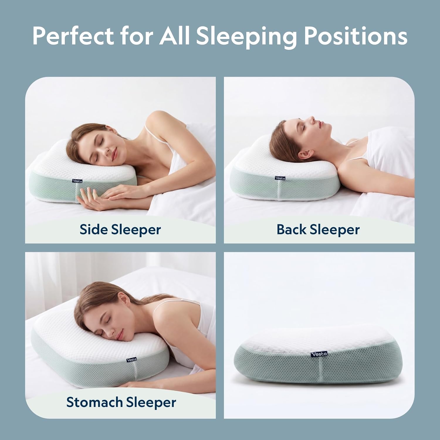 Vesta MintZen Silicone Foam Pillow, Wave Shape for Shoulder & Neck Support, Ideal for Back, Stomach, and Combo Sleepers, Washable Cooling Cover, Medium Profile (3-3.5' Height)