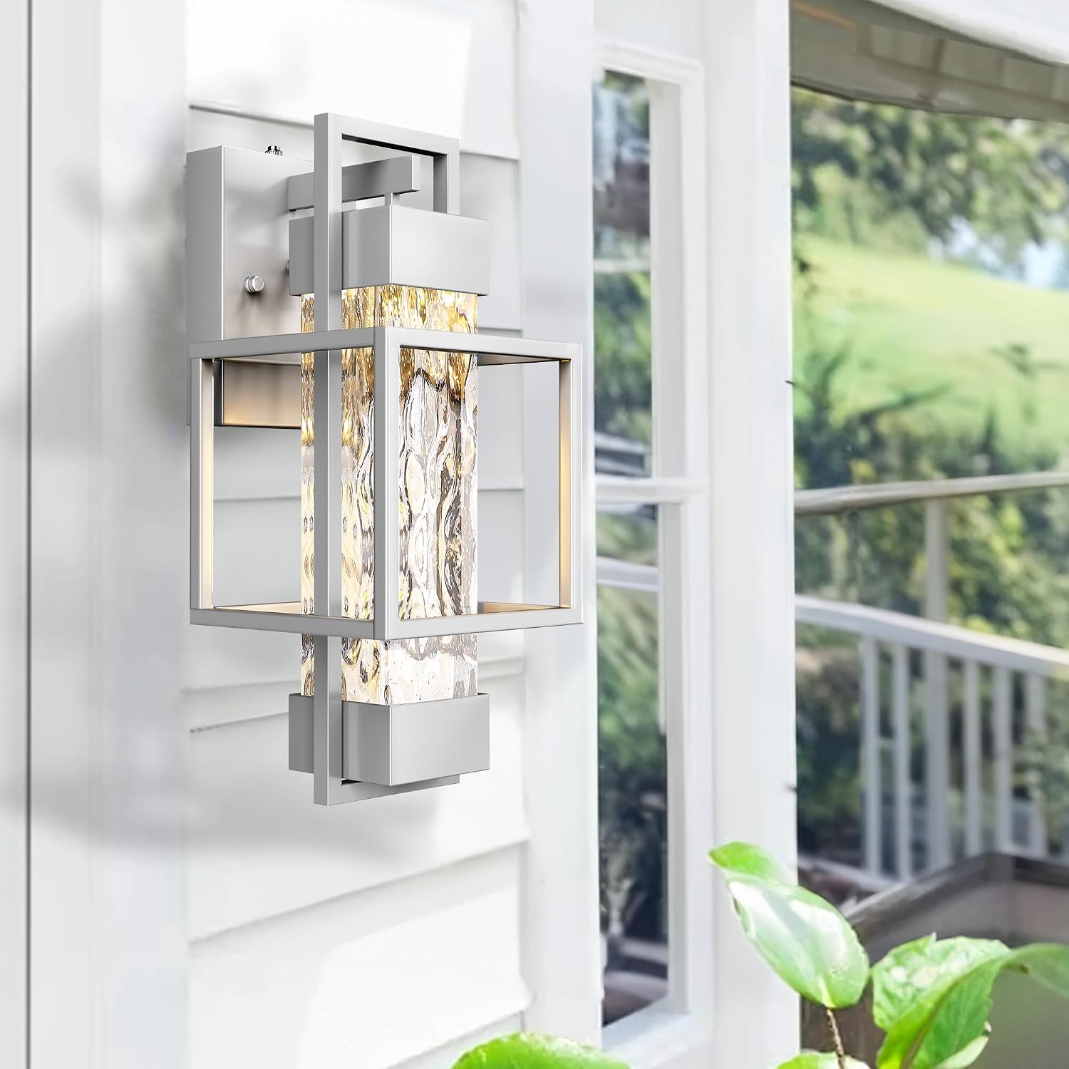 PARTPHONER Modern Outdoor Light Fixtures Dusk to Dawn Outdoor Lighting 2 Pack, 15' Exterior Wall Sconce Waterproof Outside Porch Light for House with Water Glass for Garage Doorway Silver