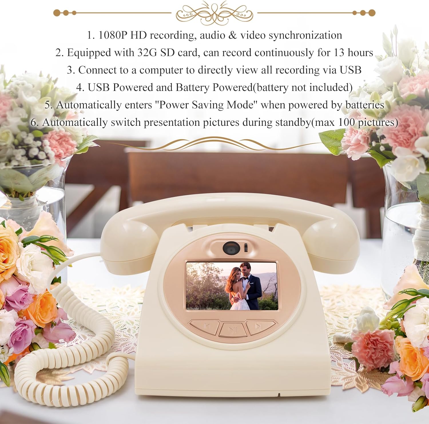 UKBW Video Audio Guest Book Wedding Phone, 1080P HD Video Audio Phone Guestbook, Preserve Your Special Occasions, Ideal for Wedding Bridal Shower, Birthday, Graduations, Baby Shower(Beige)