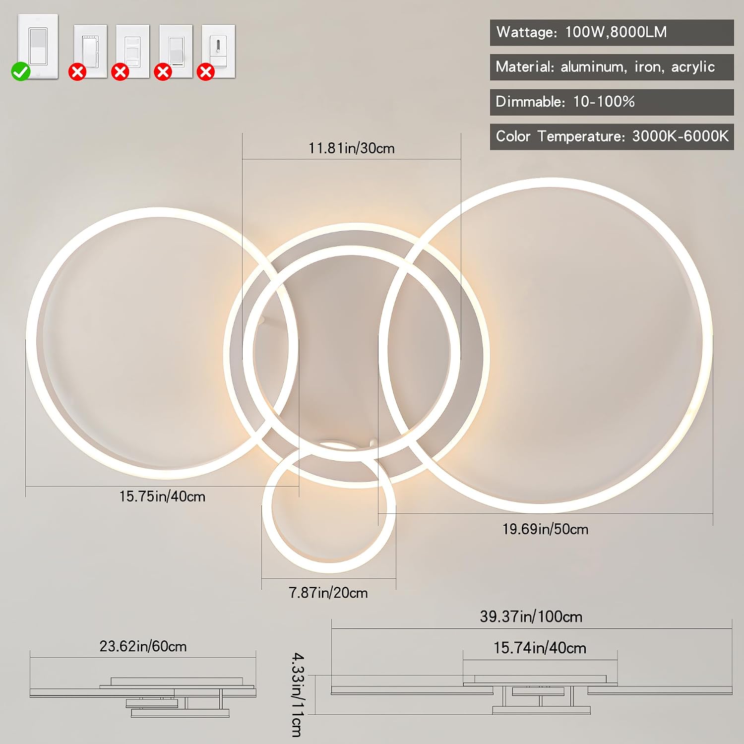 O'NEELDY Modern Light Fixtures Ceiling Flush Mount Modern Led Ceiling Lights 5-Light Dimmable Led Chandelier White Lamp with Remote for Bedroom Living Room Kitchen Dining Room, 100W