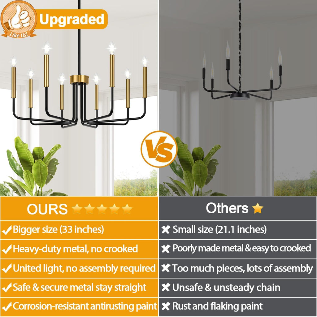 Lynnoland Black and Gold 8-Light Farmhouse Chandelier for Dining Room Lighting Fixtures Hanging, Vintage Candle Pendant Light Fixtures Chandelier for Bedroom, Foyer and Living Room