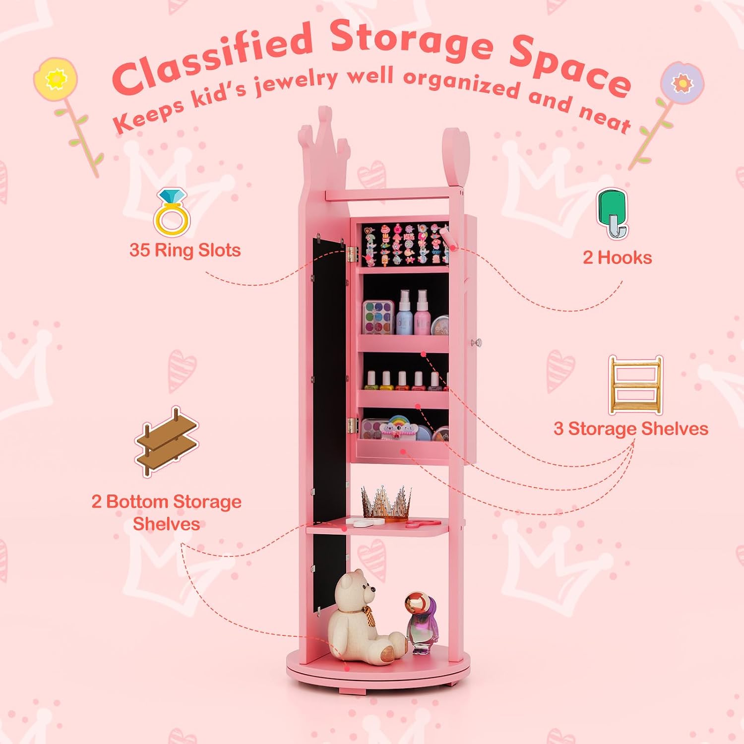 GLACER Kids Vanity with Stool, Rotatable Kids Jewelry Armoire, Kids Vanity Table and Chair Set w/Coat Rack, Storage Shelves, Full-Length Mirror, Solid Wood Legs, Kids Bedroom Furniture (Pink)