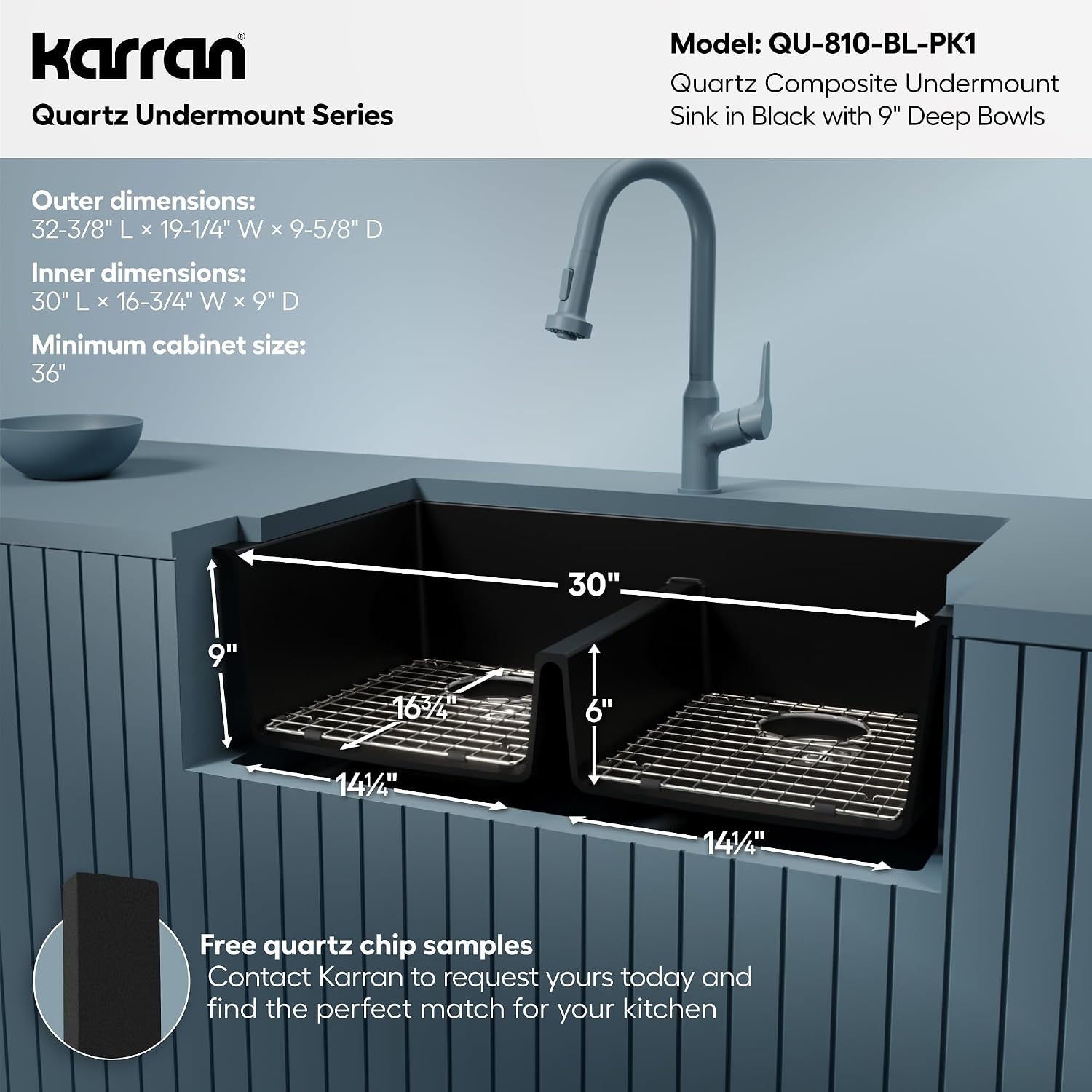 Karran QU-810 32' Undermount Double Bowl Quartz Kitchen Sink Kit, Black Composite, Equal Bowls, Scratch Resistant, Heat Safe, Noise Reducing, Includes Grids & Strainers