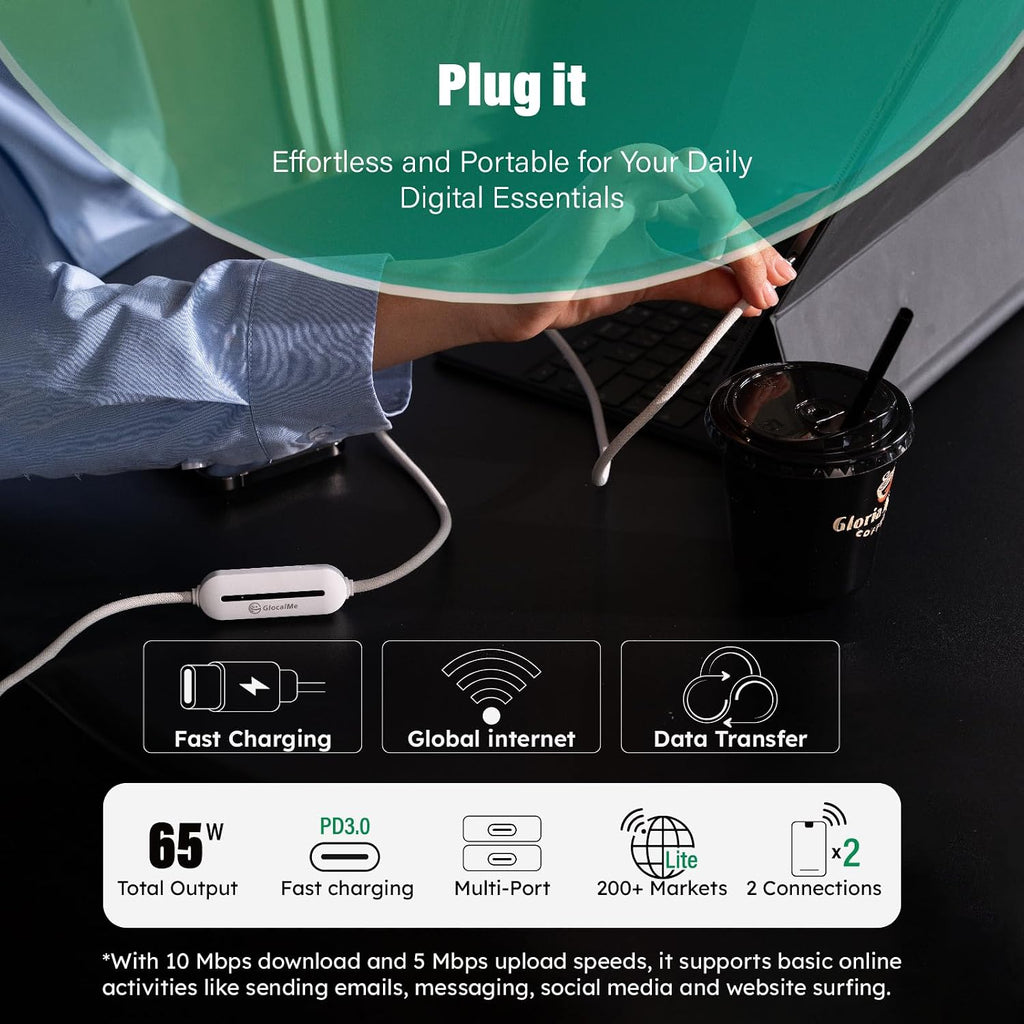 GlocalMe UniCord Charging Cable and Numen Air 5G Hotspot with 50GB US/CA/MX Data 90Days