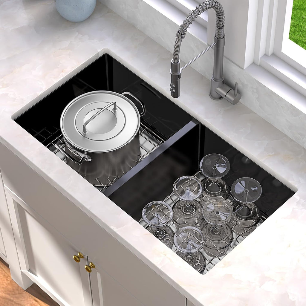 YITAHOME Black Kitchen Sink 33in Undermount 50/50 Double Bowl 16 Gauge Stainless Steel Nano Gunmetal Black Bar Sink with Accessories for Workstation, Prep Kitchen, 33 x 19 x 10in