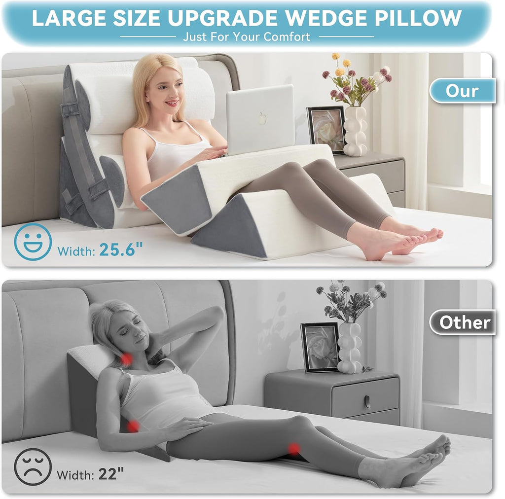 Kingfun 6PCS Orthopedic Bed Wedge Pillow Set for Headboard, Post Surgery Memory Foam Support Pillows for Back, Neck and Leg Pain Relief, Adjustable Triangle Pillow - Acid Reflux, Anti Snoring & GERD