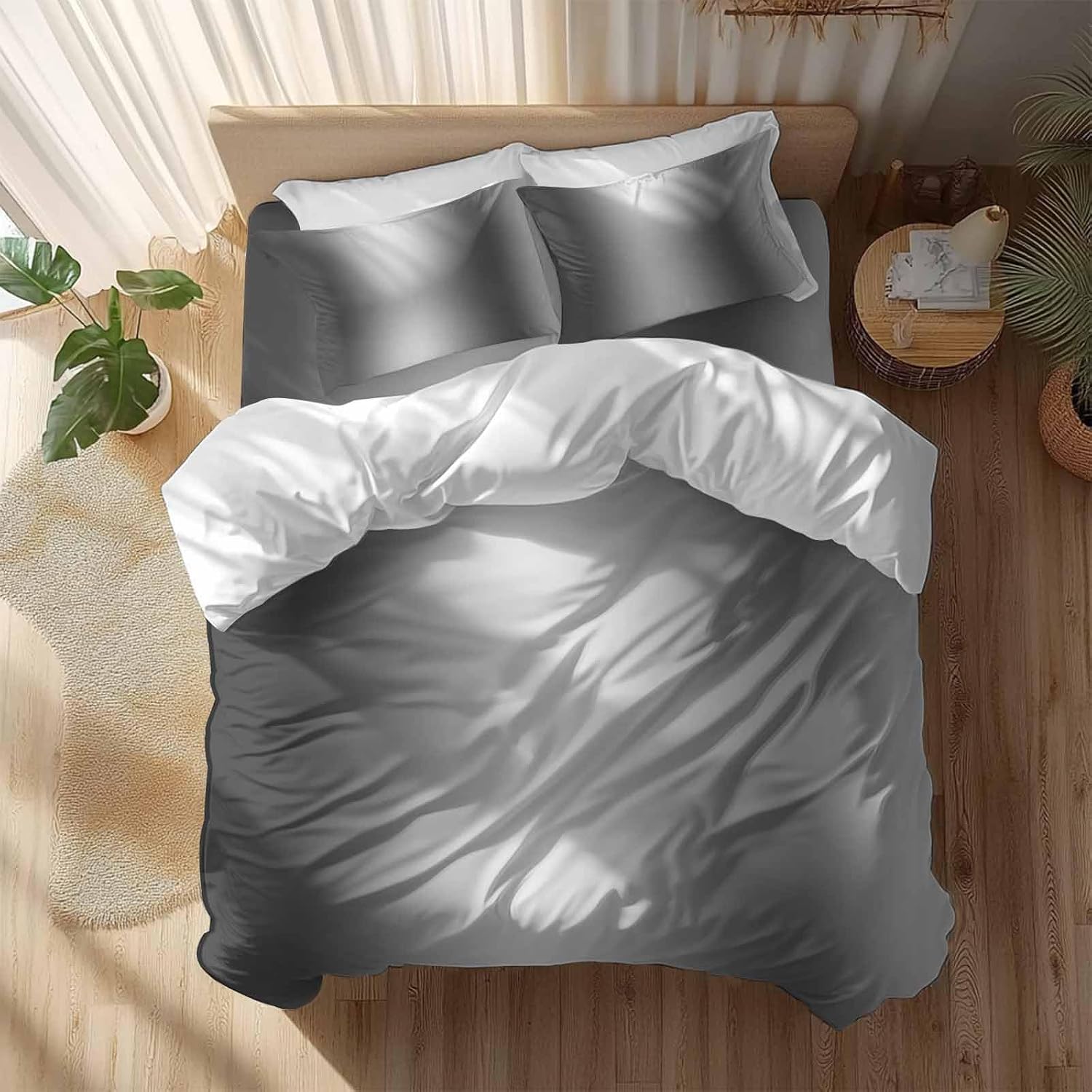Gradient Gray Black Duvet Cover Set Queen Size 4 Pieces Modern Abstract Minimalist Grey Ocean Beach Bedding Set with Zipper Closure, 1 Comforter Cover 90x92 Inches 1 Flat Sheet & 2 Pillow Cases