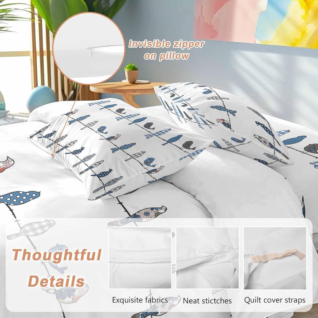 Prime Leader Birds on the Wire Blue Grey Duvet Cover Set Queen Size 4 Pieces Bedding Set with Zipper Closure, 1 Comforter Cover 92x106 Inches 1 Flat Sheet & 2 Pillow Cases