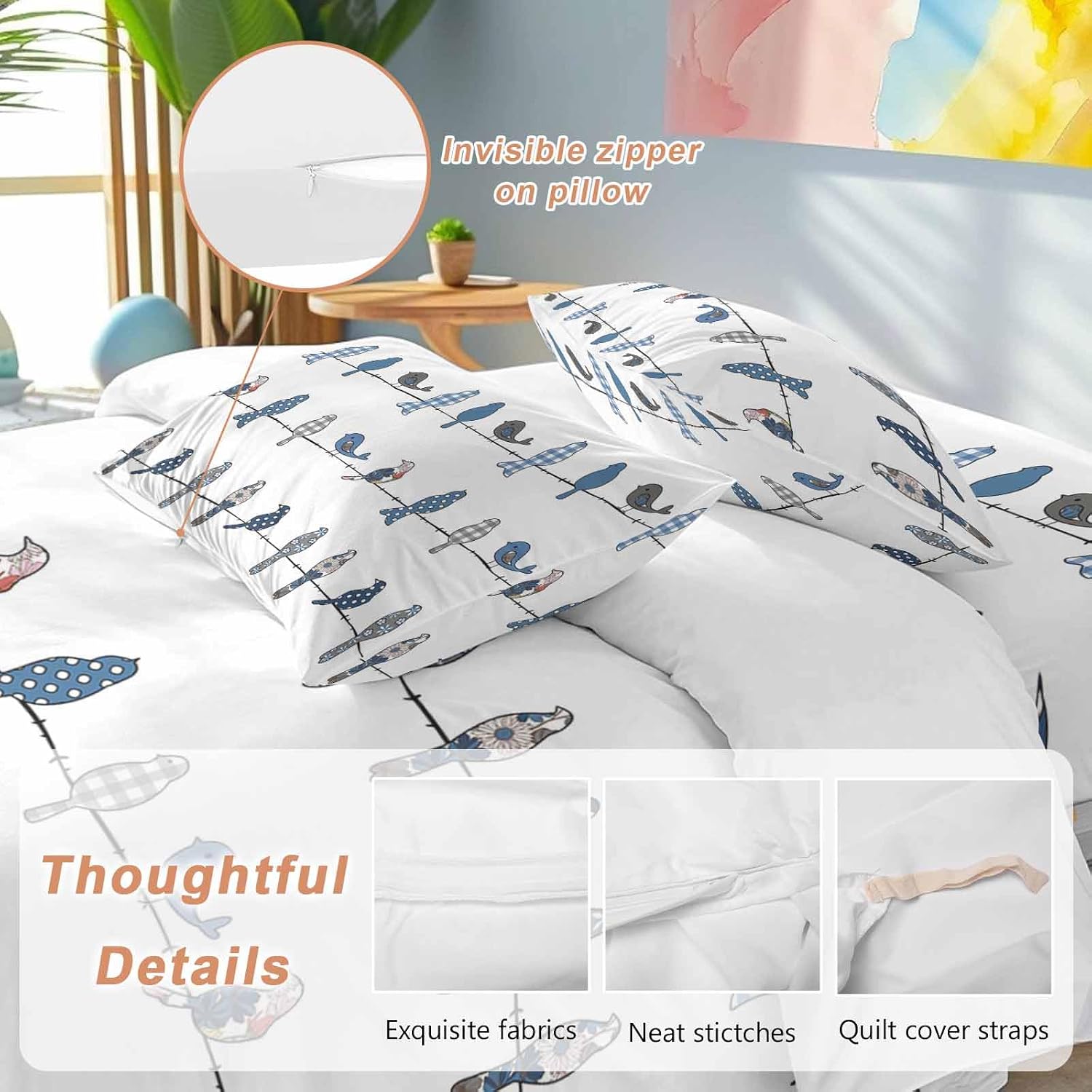 Prime Leader Birds on the Wire Blue Grey Duvet Cover Set Queen Size 4 Pieces Bedding Set with Zipper Closure, 1 Comforter Cover 92x106 Inches 1 Flat Sheet & 2 Pillow Cases
