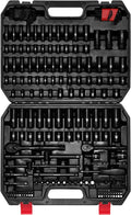 EMENTOL 189-Piece Impact Socket Set, 1/4' & 3/8' Drive Metric and SAE Sizes, CR-V Steel, Includes Deep & Shallow Sockets, Ratchets, Bits, Extensions, Spark Plug Socket & More, with Plastic Tool Case