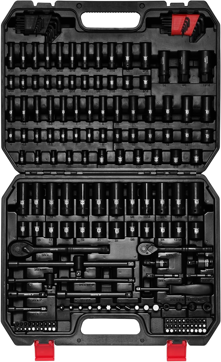 EMENTOL 189-Piece Impact Socket Set, 1/4' & 3/8' Drive Metric and SAE Sizes, CR-V Steel, Includes Deep & Shallow Sockets, Ratchets, Bits, Extensions, Spark Plug Socket & More, with Plastic Tool Case