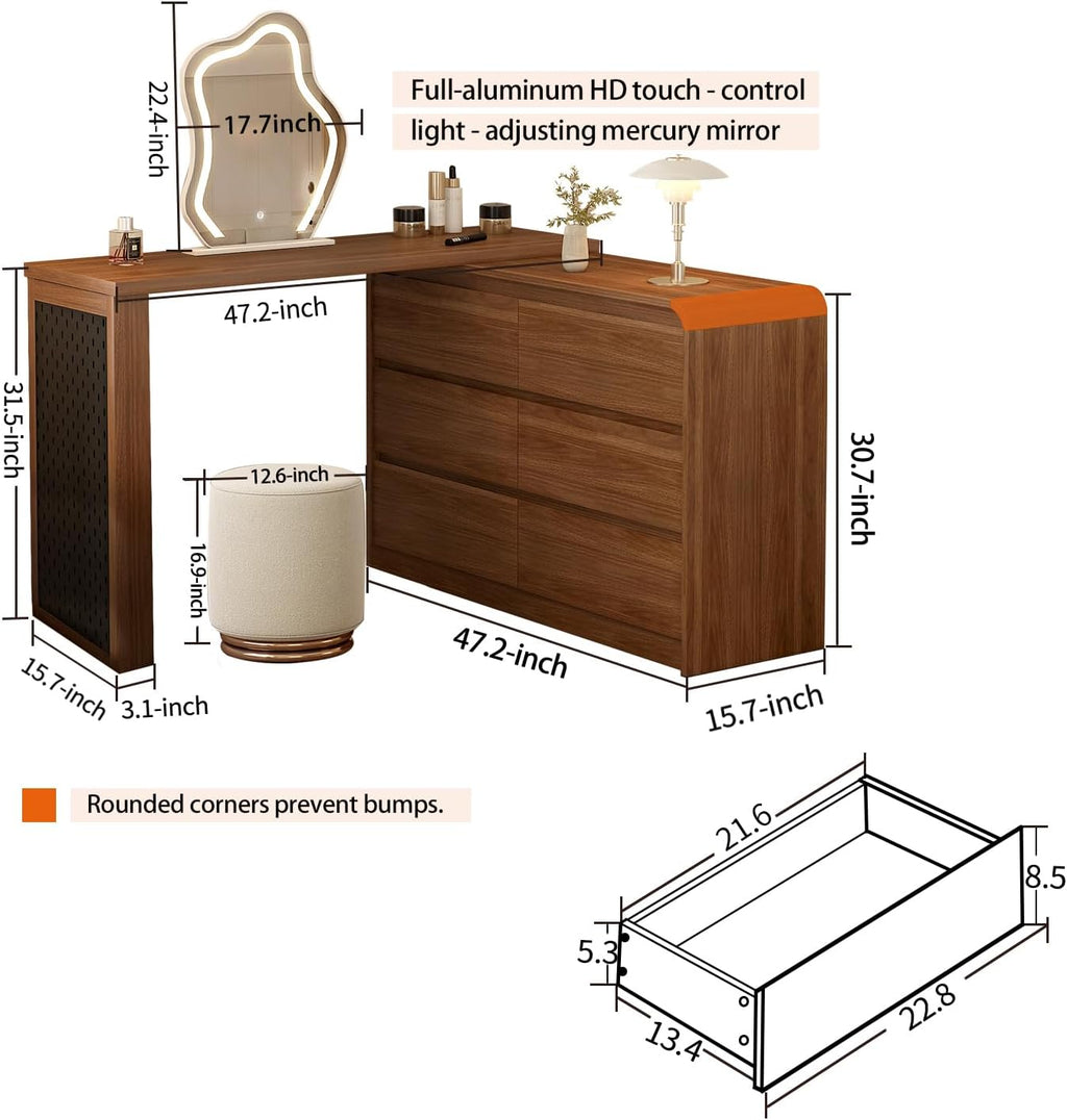Makeup Vanity Desk with Cloud Shape Touch Screen Mirror, 50-94 in Adjustable Vanity Table Set with Chair, Bedroom Elegant Dressing Table for Women with 6 Drawer Rounded Corners Storage Cabinet, Brown