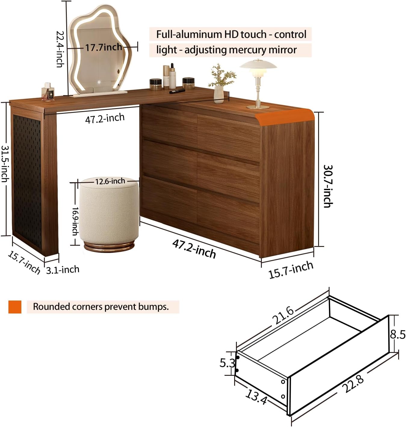 Makeup Vanity Desk with Cloud Shape Touch Screen Mirror, 50-94 in Adjustable Vanity Table Set with Chair, Bedroom Elegant Dressing Table for Women with 6 Drawer Rounded Corners Storage Cabinet, Brown