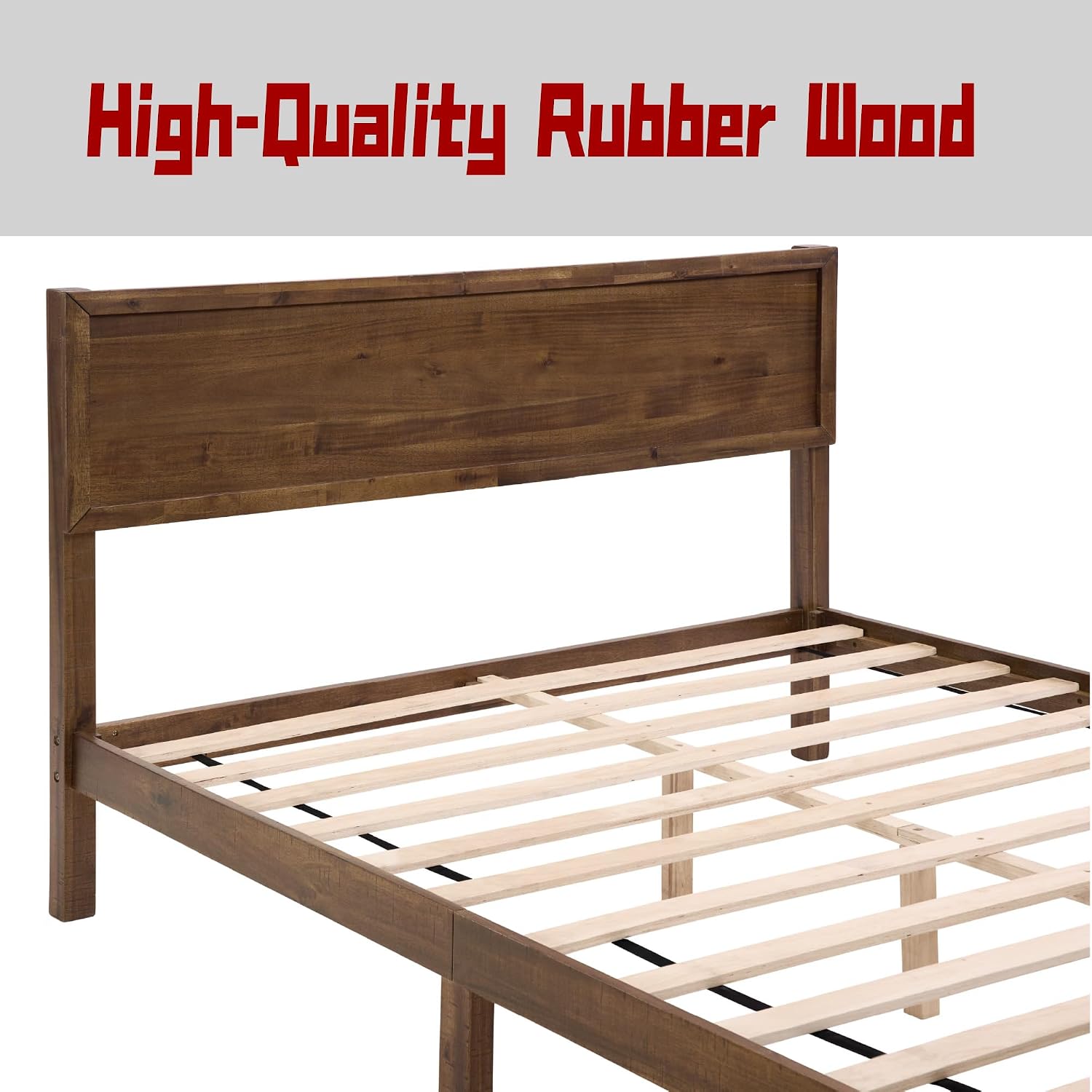 Full Size Solid Wood Platform Bed Frame - Premium Rubber Wood Reinforced Thickened Support, Load-Bearing, Modern Headboard Design, Tool-Free Assembly Bedroom Furniture Set,Brown (Queen)
