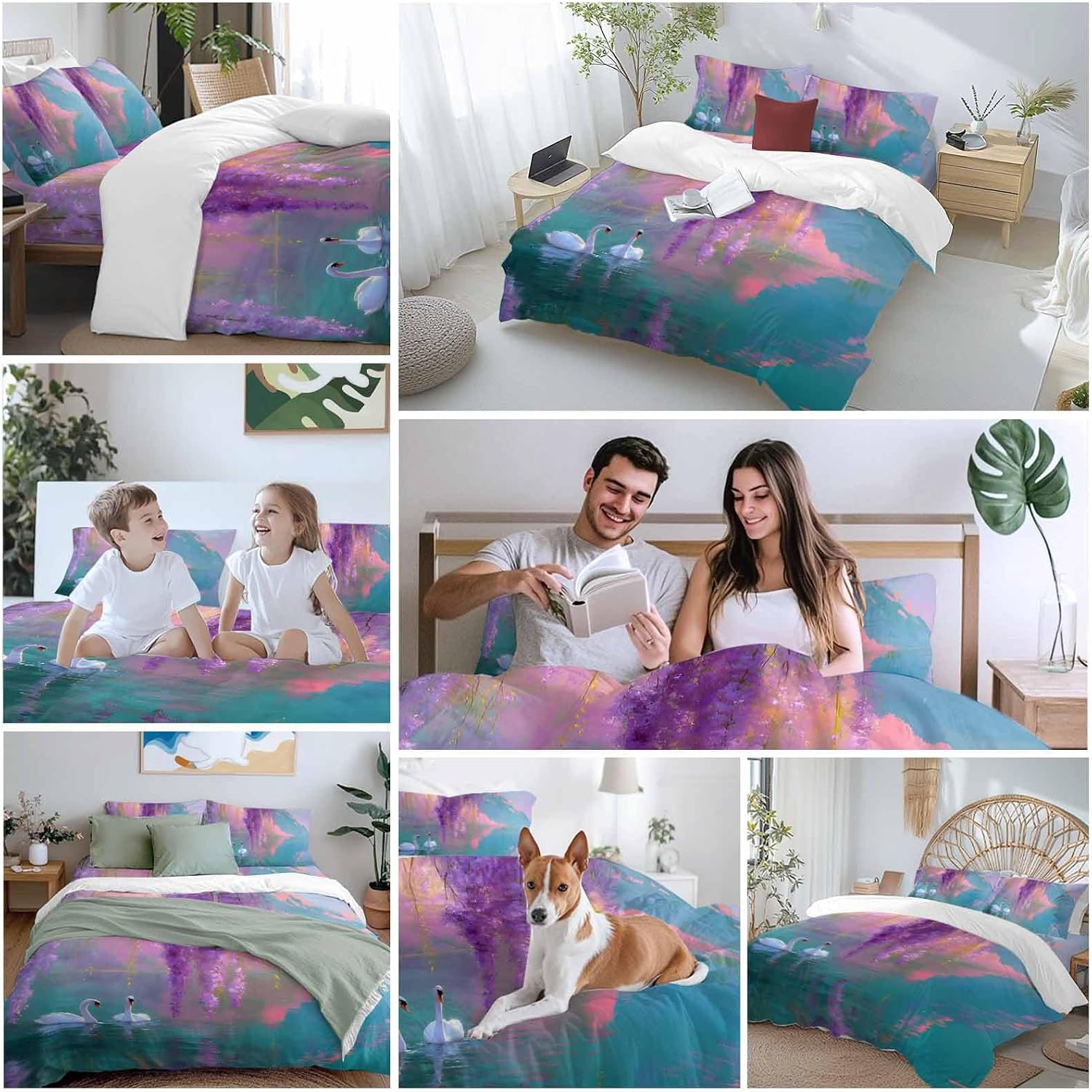 Swan Duvet Cover Set Queen Size 4 Pieces Oil Painting Spring Wisteria Gradient Pink Green Lake Bedding Set with Zipper Closure, 1 Comforter Cover 92x106 Inches 1 Flat Sheet & 2 Pillow Cases