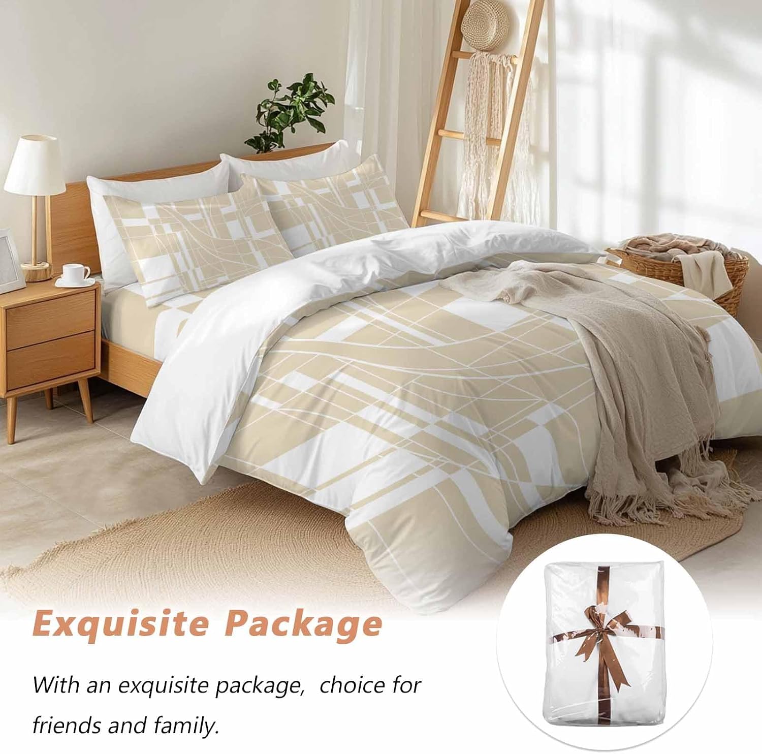 Prime Leader Lines Duvet Cover Set Queen Size 4 Pieces Abstarct Geometric White Lines Plaid Light Brown Bedding Set with Zipper Closure, 1 Comforter Cover 92x106 Inches 1 Flat Sheet & 2 Pillow Cases