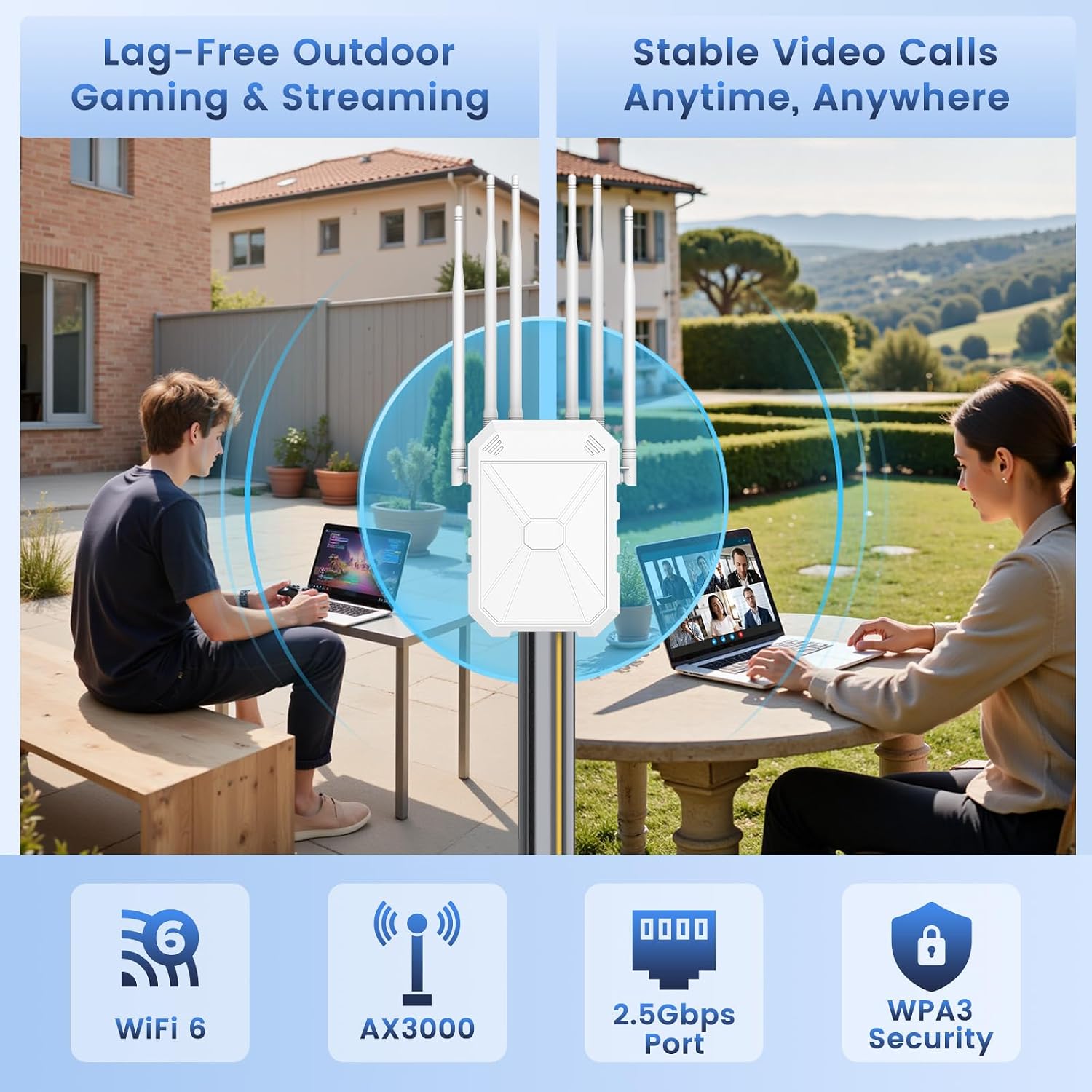AX3000 Outdoor WiFi 6 Extender - Long Range Outdoor WiFi Extender Signal Booster, IP67 Weatherproof & PoE Support for Large Yard, Farm, RV, Works with Starlink & Up to 256+ Devices