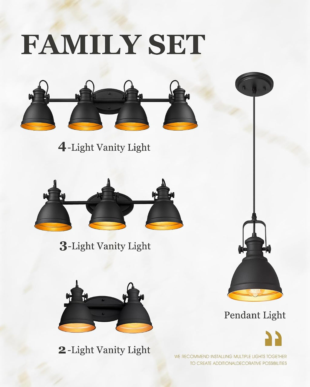Bathroom Light Fixtures, 4-Light Industrial Vanity Lights with Black Metal Shade, Rustic Bathroom Lighting Fixtures Over Mirror, Wall Mounted, AD-2151-4W