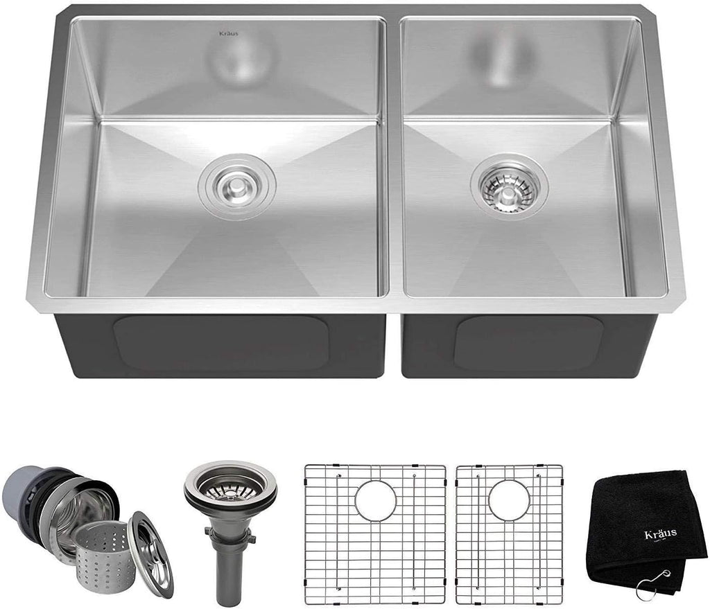Kraus Kitchen Sinks Undermount - 33 Inch Stainless Steel Kitchen Sink, 60/40 Double Bowl, 16 Gauge, Model KHU103-33