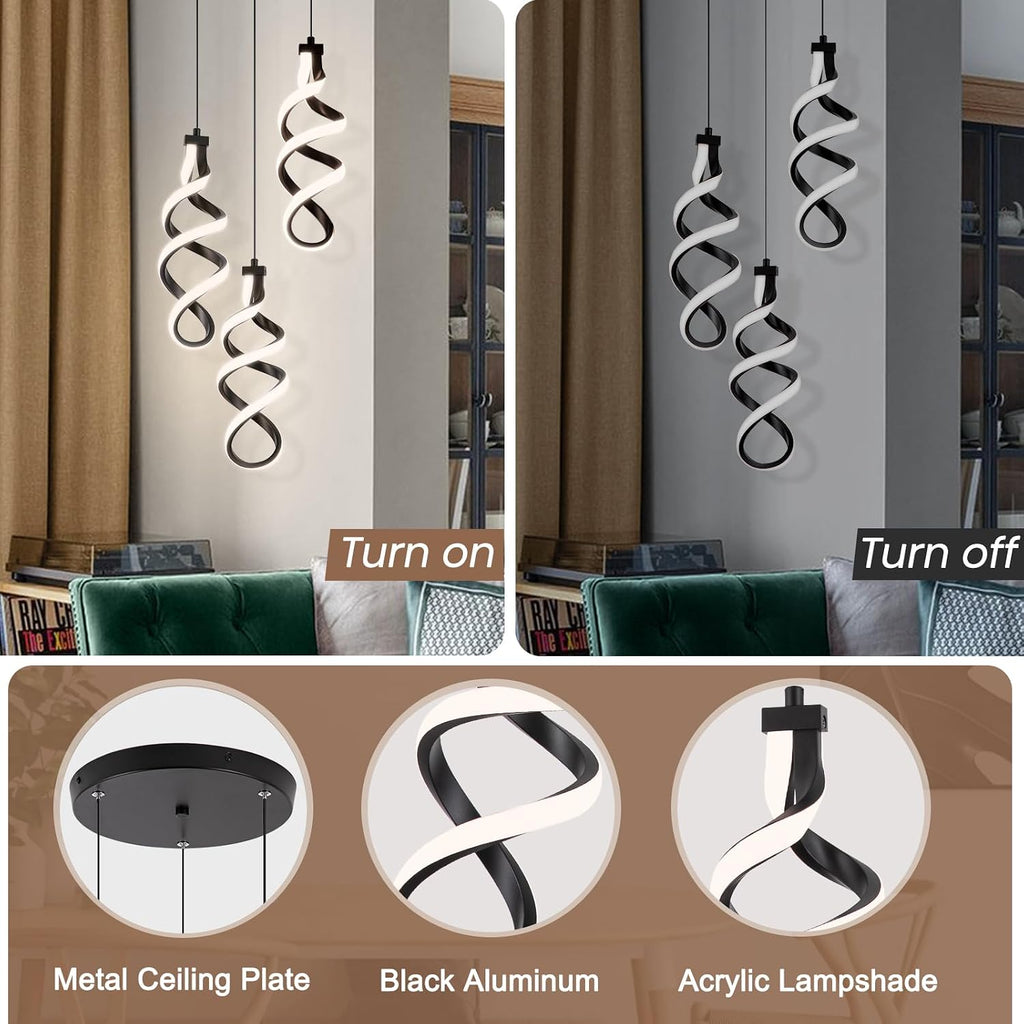 Modern Led Pendant Light Fixture, 45W Black Spiral Led Chandelier Hanging Lamp, 4500K 3 Light Cluster Pendant Lighting, Adjustable Height Pendant Light for Dining Room Bedroom Kitchen Island (3 Light)