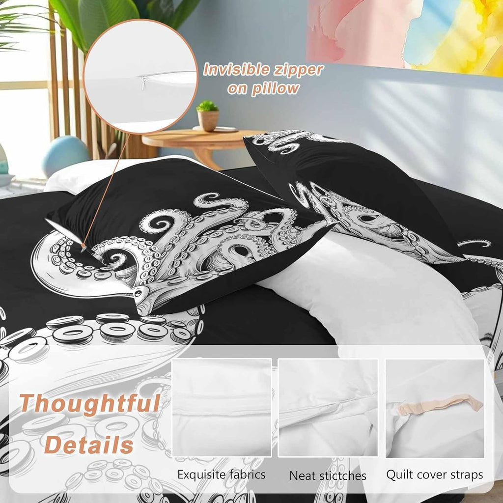 Abstract Octopus Duvet Cover Set Queen Size 4 Pieces Vintage Gray White Octopus Touches Black Background Bedding Set with Zipper Closure, 1 Comforter Cover 92x106 Inches 1 Flat Sheet & 2 Pillow Cases