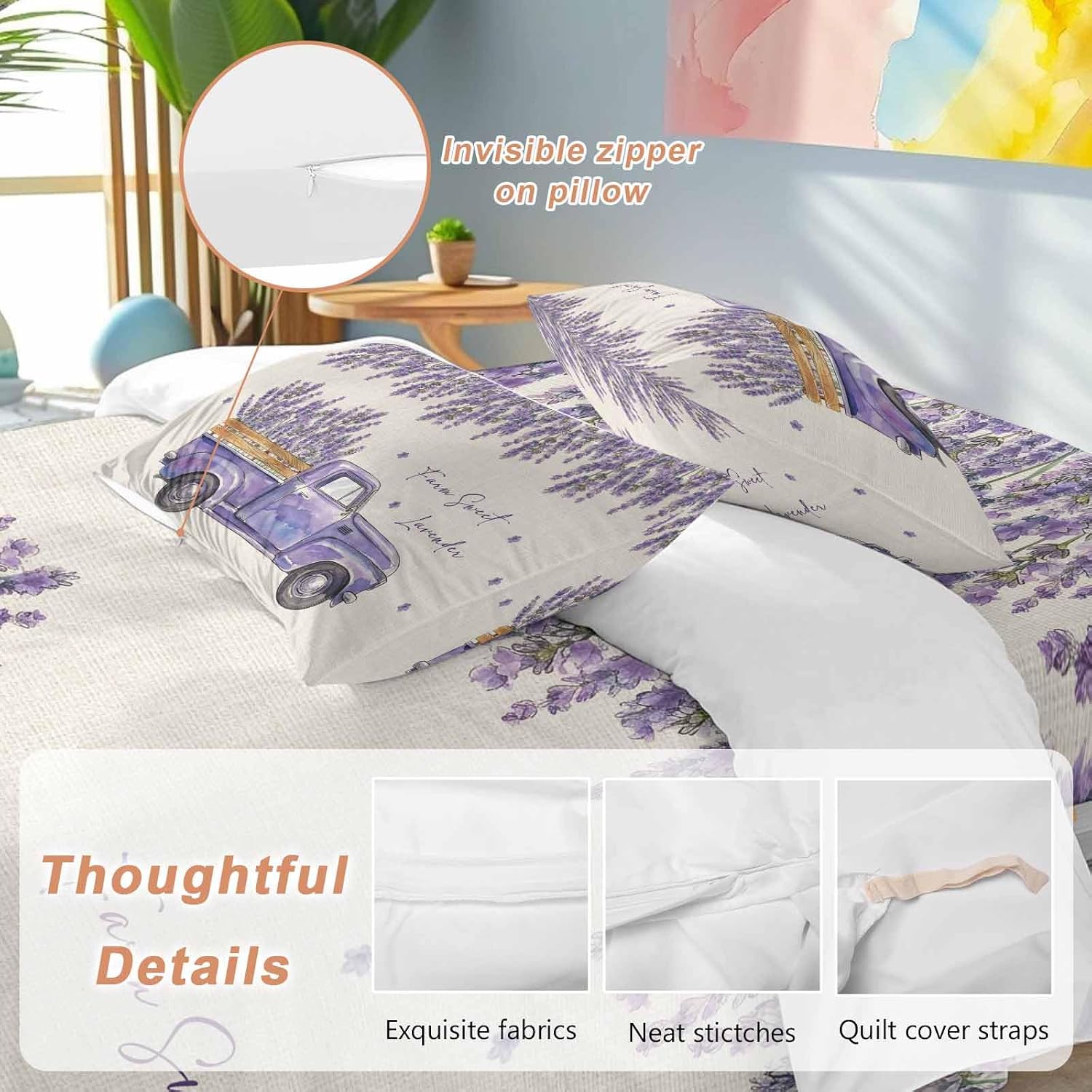 Purple Floral Duvet Cover Set Queen Size 4 Pieces Farm Sweet Lavender Truck Rustic Linen Texture Bedding Set with Zipper Closure, 1 Comforter Cover 92x106 Inches 1 Flat Sheet & 2 Pillow Cases