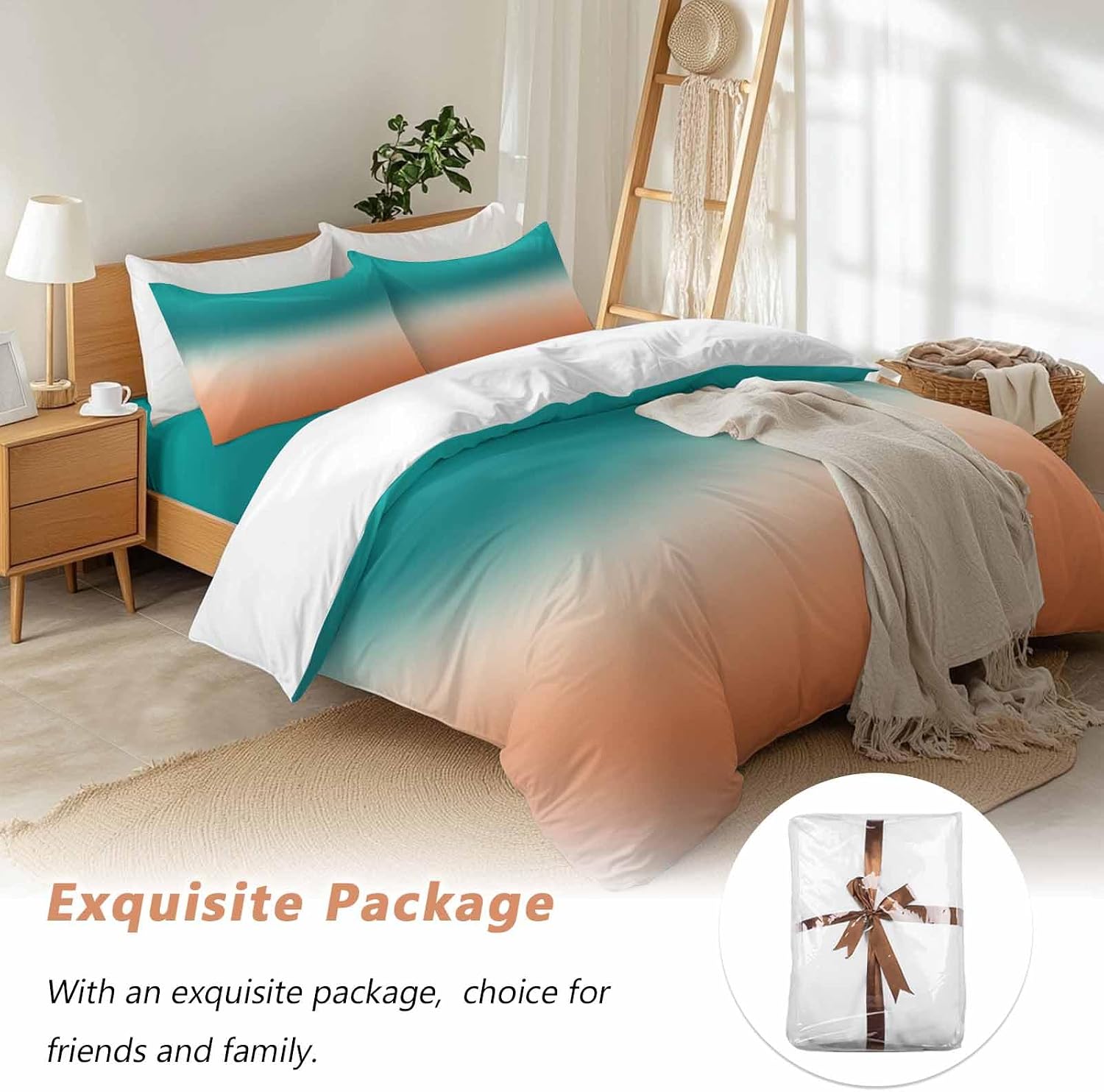 Gradient Green Duvet Cover Set Queen Size 4 Pieces Modern Minimalist Green Orange Ocean Beach Bedding Set with Zipper Closure, 1 Comforter Cover 92x106 Inches 1 Flat Sheet & 2 Pillow Cases